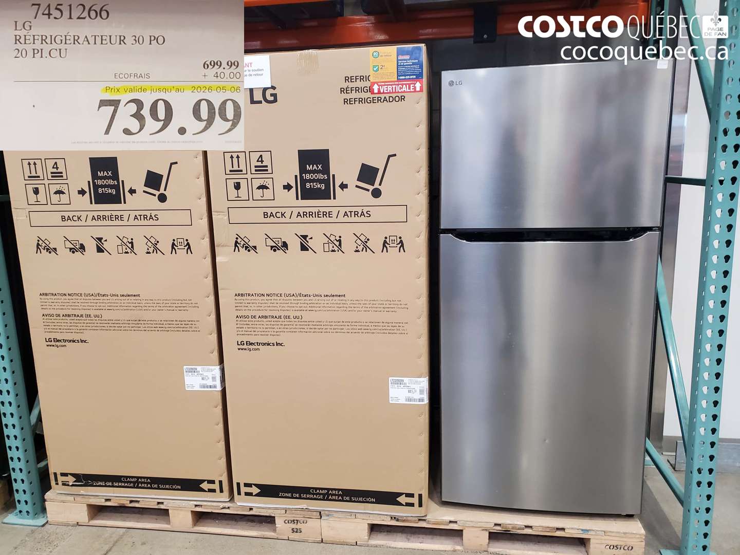 7451266 LG REFRIGERATEUR 30 PO 20 PI.CU (EXPIRES ON 2026-05-06) $739.99