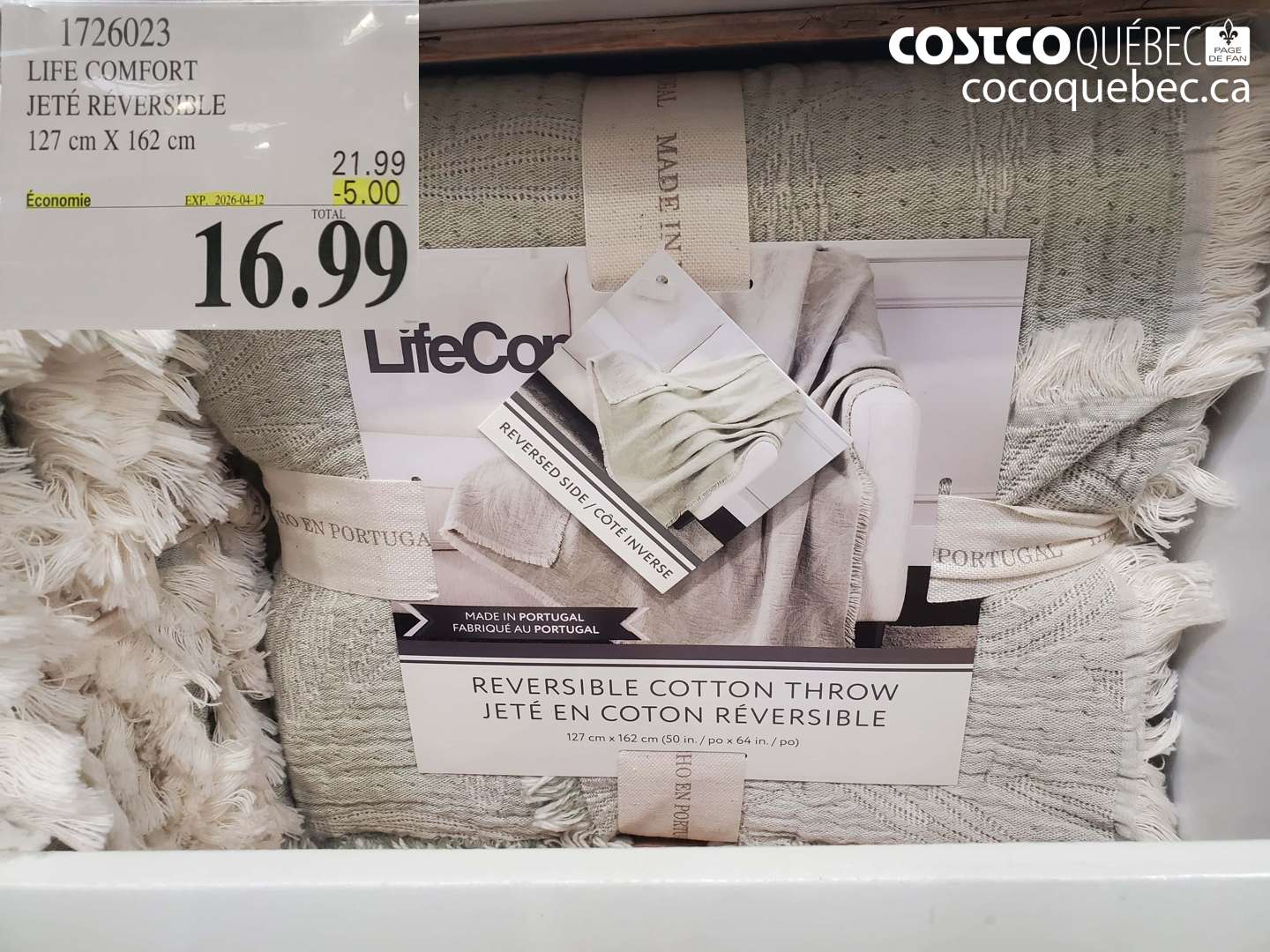 1726023 LIFE COMFORT JETÉ RÉVERSIBLE 127 CM X 162 CM ($5.00 INSTANT SAVINGS EXPIRES ON 2026-04-12) $16.99