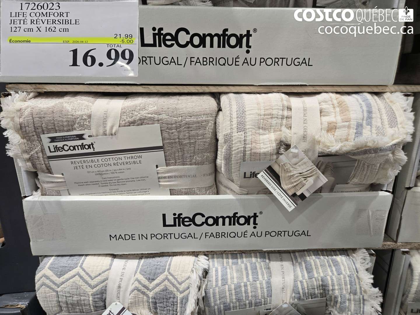 1726023 LIFE COMFORT JETÉ RÉVERSIBLE 127 CM X 162 CM ($5.00 INSTANT SAVINGS EXPIRES ON 2026-04-12) $16.99