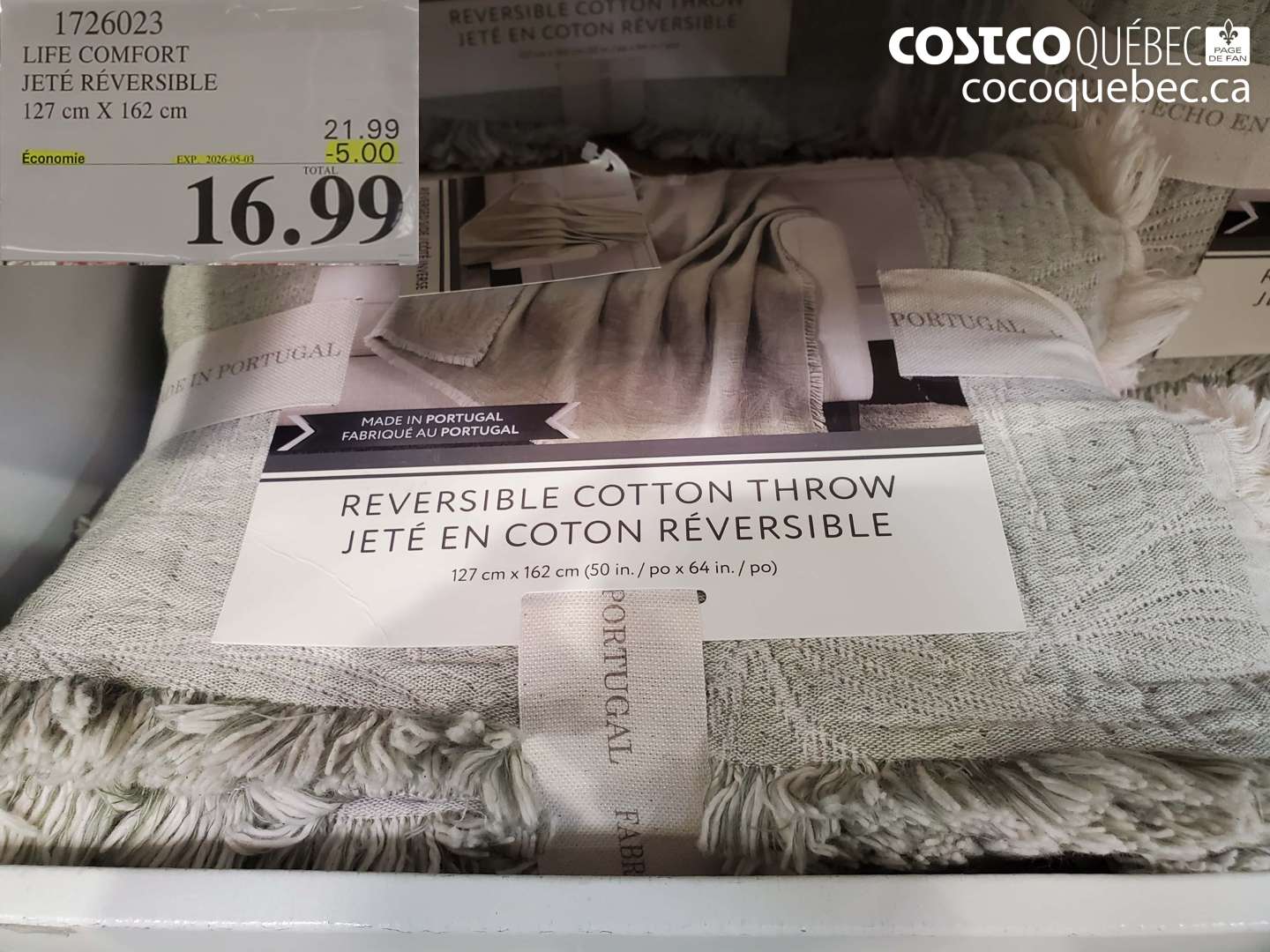 1726023 LIFE COMFORT JETÉ RÉVERSIBLE 127 CM X 162 CM ($5.00 INSTANT SAVINGS EXPIRES ON 2026-05-03) $16.99