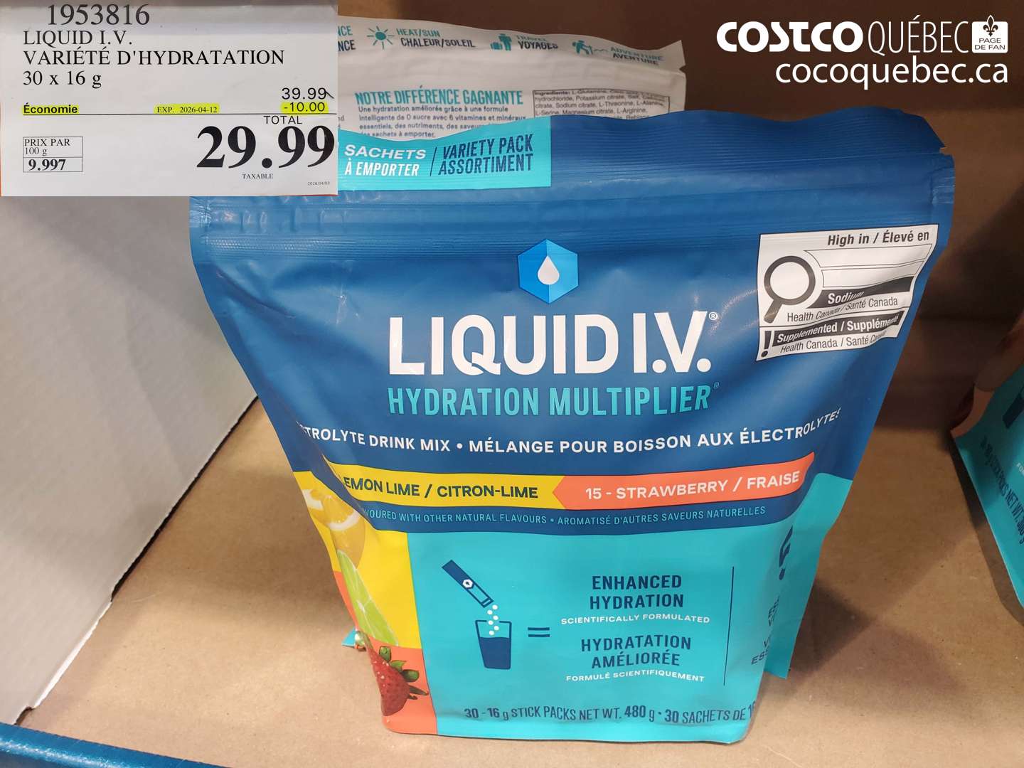 1953816 LIQUID I.V. VARIÉTÉ D'HYDRATATION 30 X 16 G ($10.00 INSTANT SAVINGS EXPIRES ON 2026-04-12) $29.99