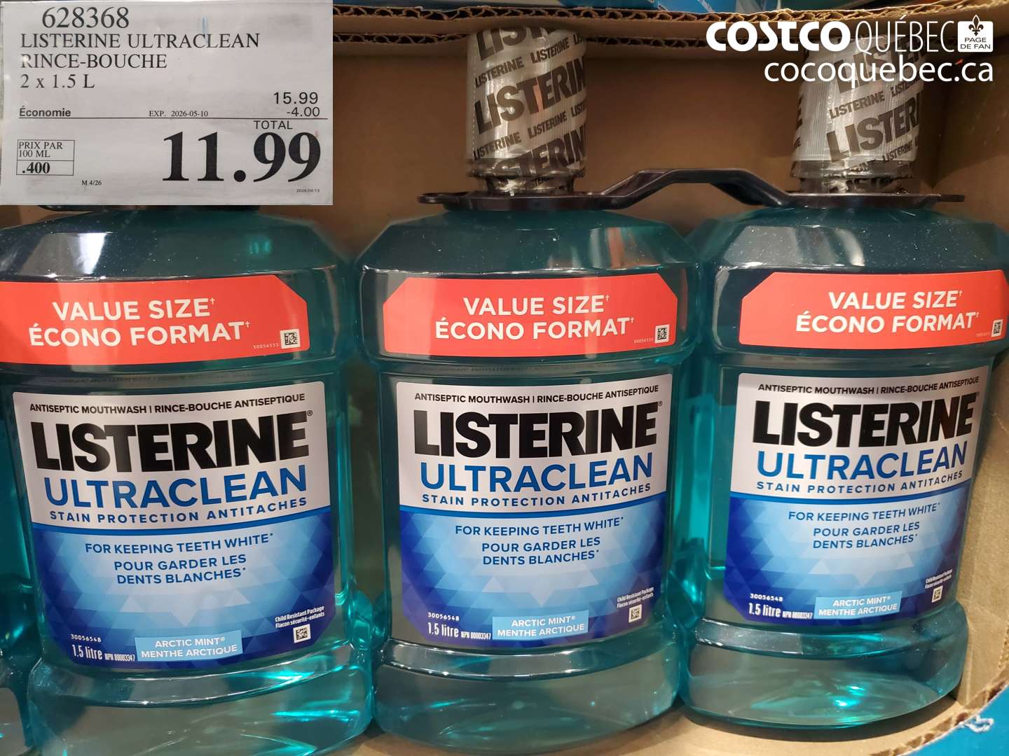 628368 LISTERINE ULTRACLEAN RINCE-BOUCHE 2 X 1.5 L ($4.00 INSTANT SAVINGS EXPIRES ON 2026-05-10) $11.99