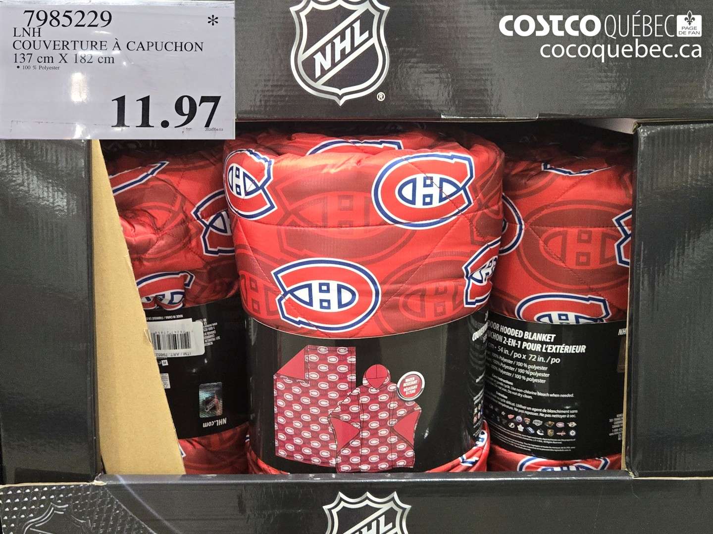 798529 LNH COUVERTURE À CAPUCHON 137 CM X 182 CM $11.97
