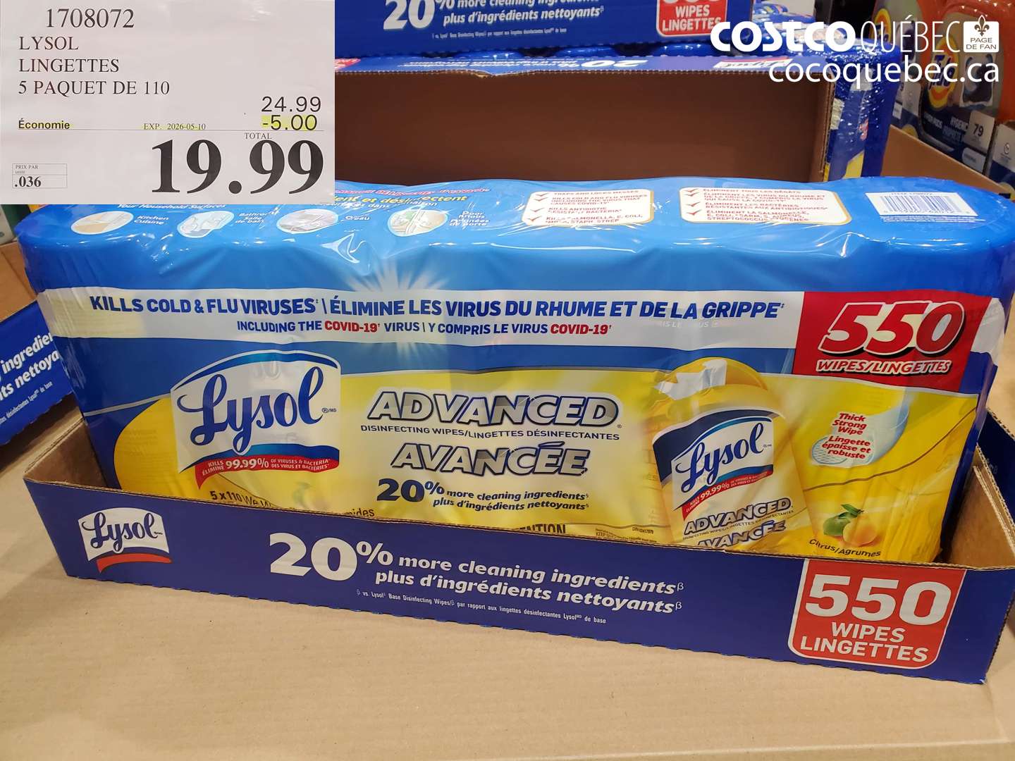 1708072 LYSOL LINGETTES 5 PAQUET DE 110 ($5.00 INSTANT SAVINGS EXPIRES ON 2026-05-10) $19.99