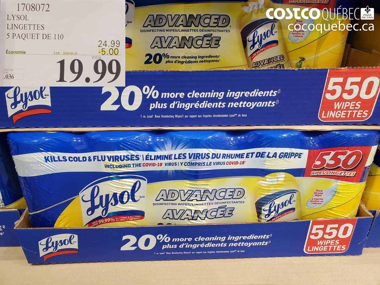 1708072 LYSOL LINGETTES 5 PAQUET DE 110 ($5.00 INSTANT SAVINGS EXPIRES ON 2026-05-10) $19.99