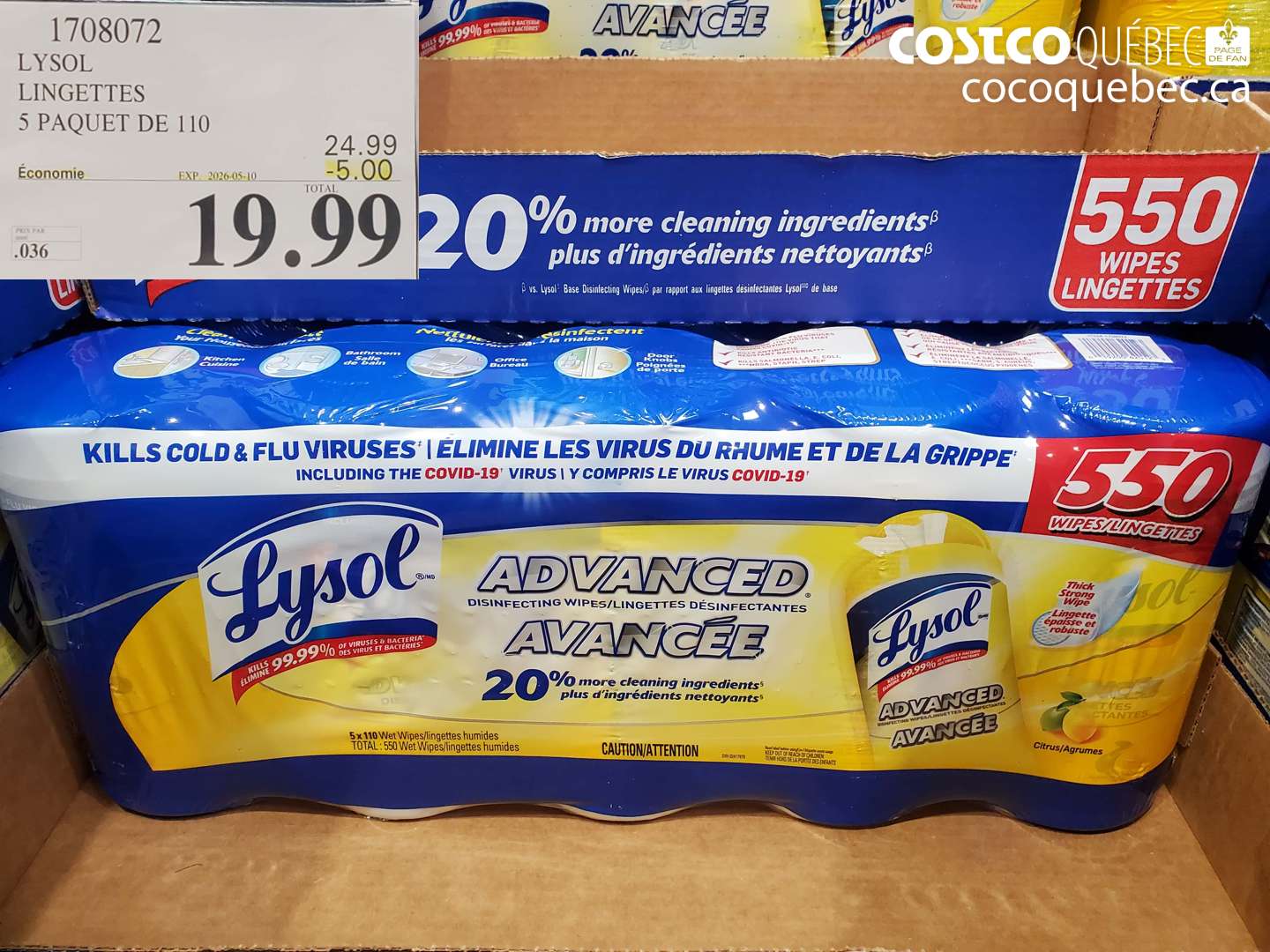 1708072 LYSOL LINGETTES 5 PAQUET DE 110 ($5.00 INSTANT SAVINGS EXPIRES ON 2026-05-10) $19.99
