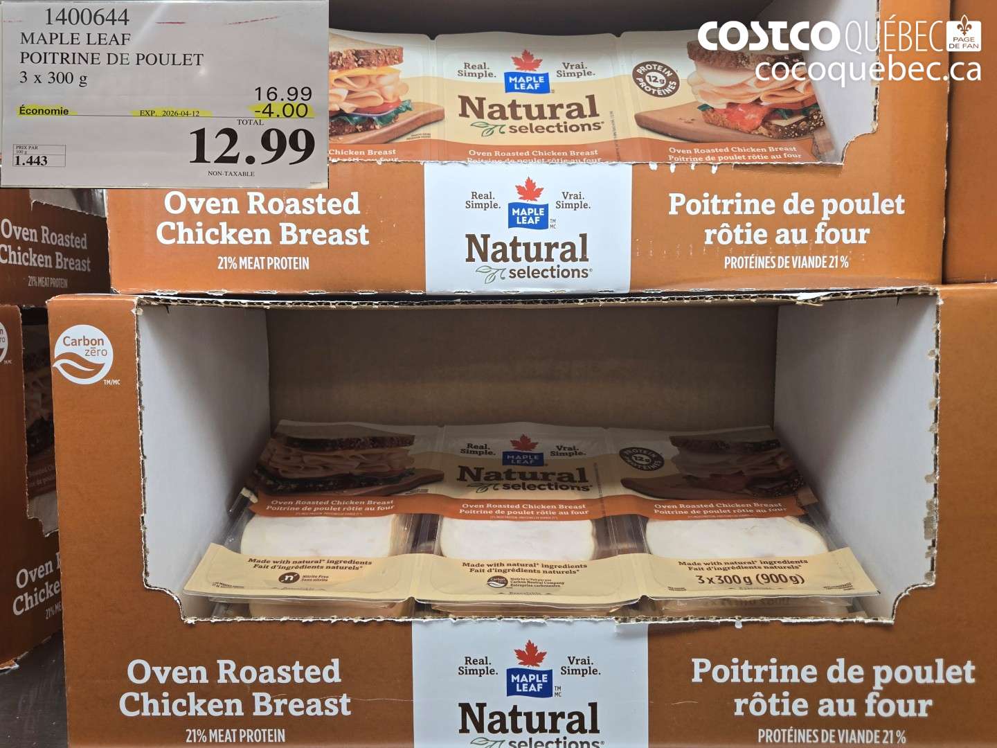 1400644 MAPLE LEAF POITRINE DE POULET 3 X 300 G ($4.00 INSTANT SAVINGS EXPIRES ON 2026-04-12) $12.99