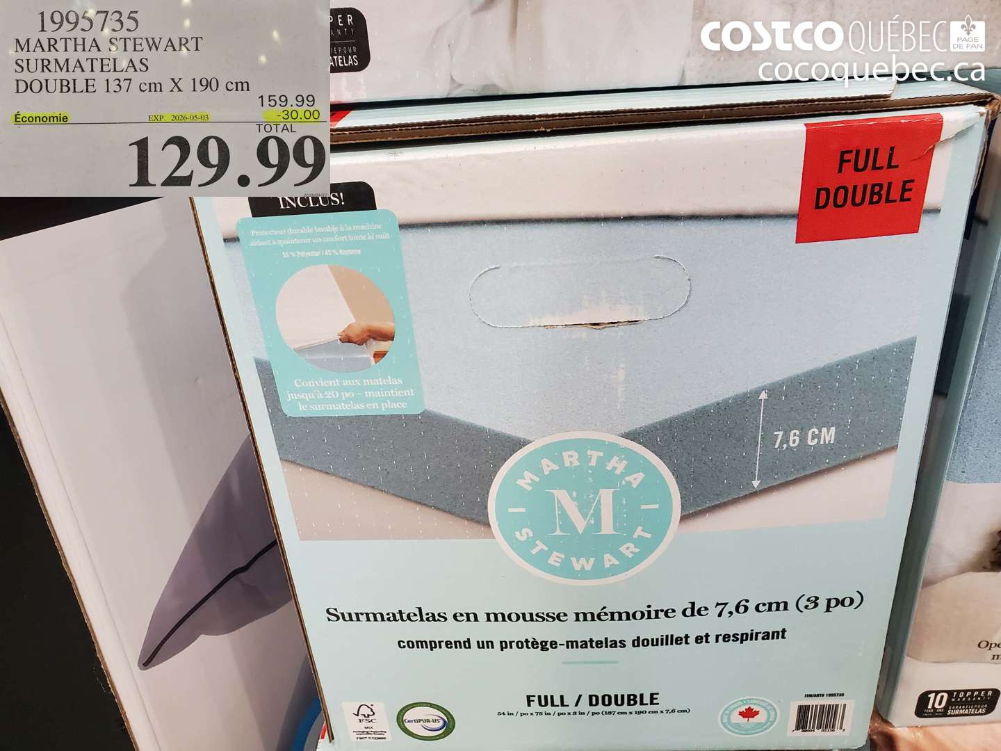 1995735 MARTHA STEWART SURMATELAS DOUBLE 137 CM X 190 CM ($30.00 INSTANT SAVINGS EXPIRES ON 2026-05-03) $129.99