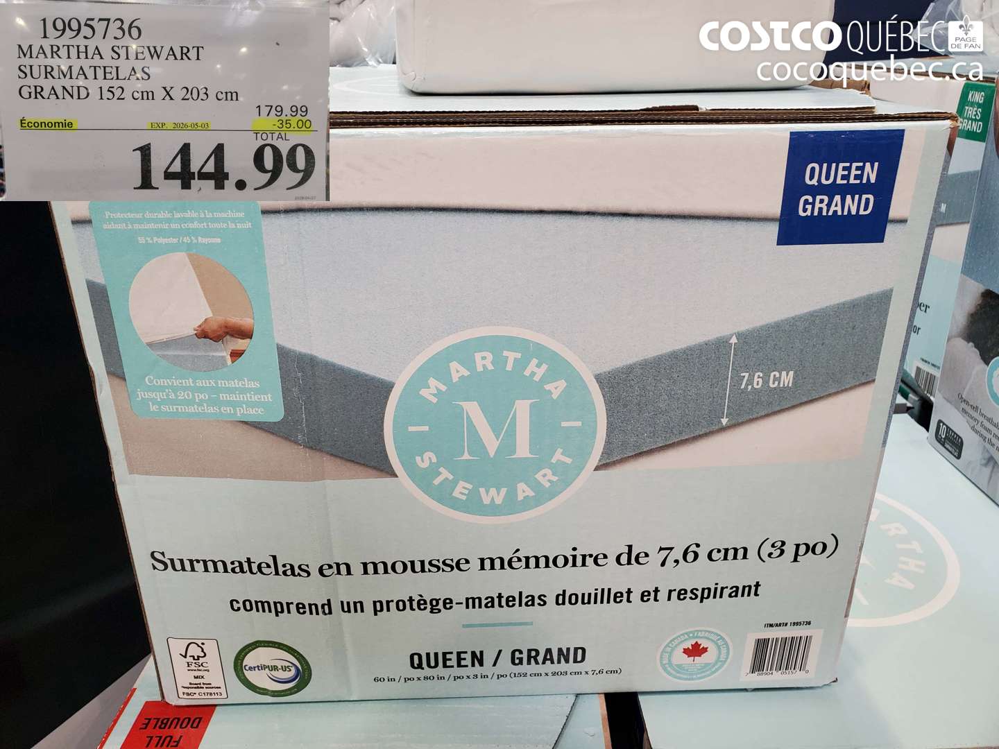 1995736 MARTHA STEWART SURMATELAS GRAND 152 CM X 203 CM ($35.00 INSTANT SAVINGS EXPIRES ON 2026-05-03) $144.99