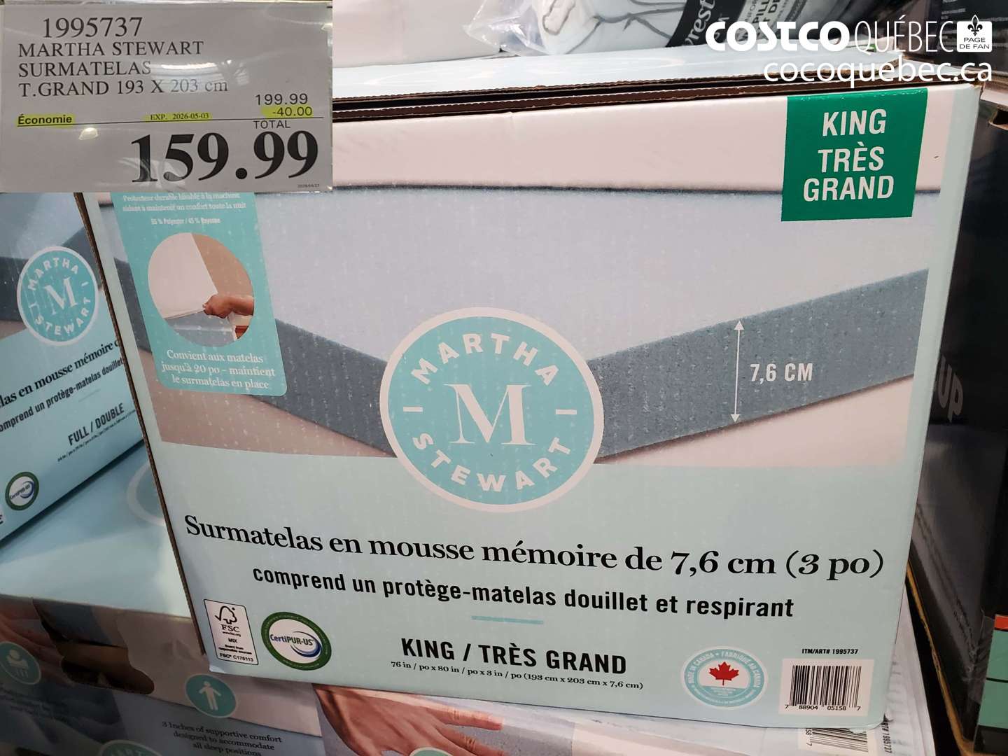 1995737 MARTHA STEWART SURMATELAS T. GRAND 193 X 203 CM ($40.00 INSTANT SAVINGS EXPIRES ON 2026-05-03) $159.99