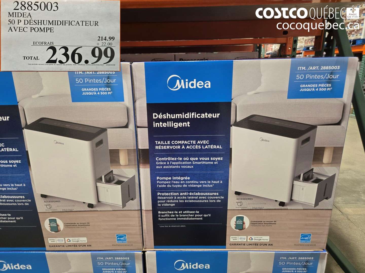 2885003 MIDEA 50 P DÉSHUMIDIFICATEUR AVEC POMPE $236.99