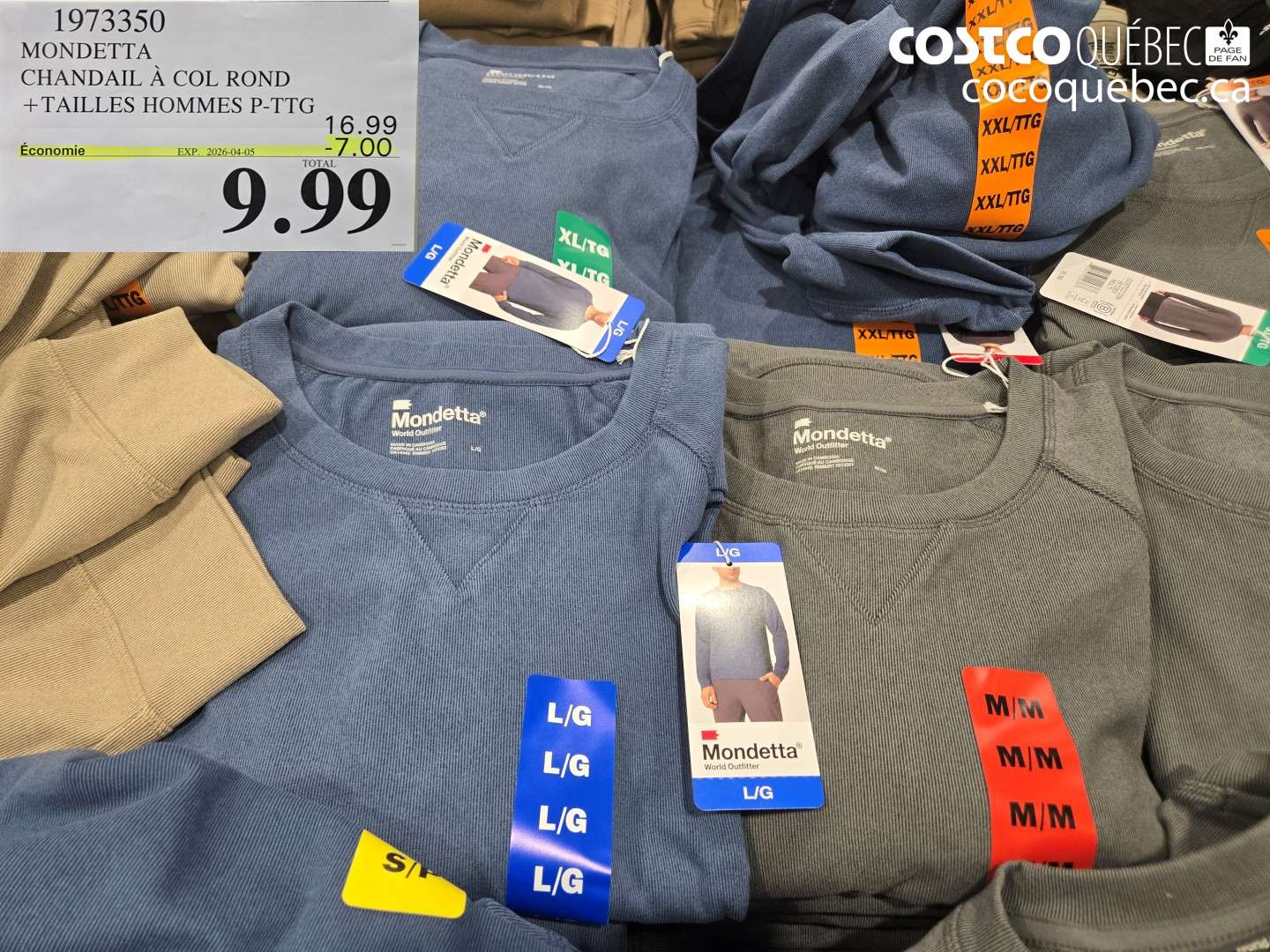 1973350 MONDETTA CHANDAIL À COL ROND + TAILLES HOMMES P-TG ($7.00 INSTANT SAVINGS EXPIRES ON 2026-04-05) $9.99