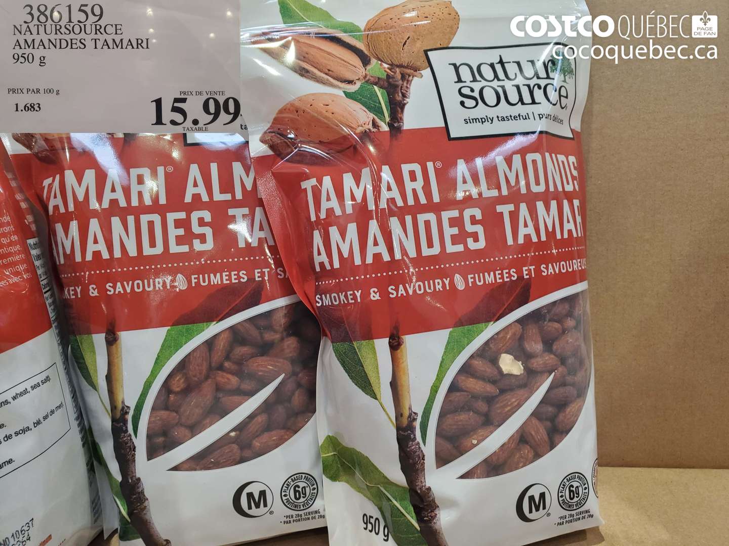 386159 NATURSOURCE AMANDES TAMARI 950 G $15.99