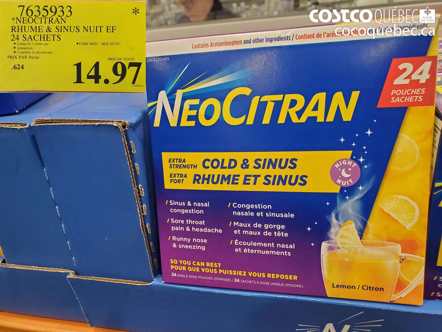 7635933 NEOCITRAN RHUME & SINUS NUIT EF 24 SACHETS $14.97