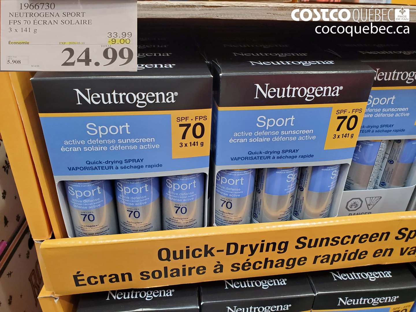 1966730 NEUTROGENA SPORT FPS 70 ÉCRAN SOLAIRE 3 X 141 G ($9.00 INSTANT SAVINGS EXPIRES ON 2025-05-10) $24.99