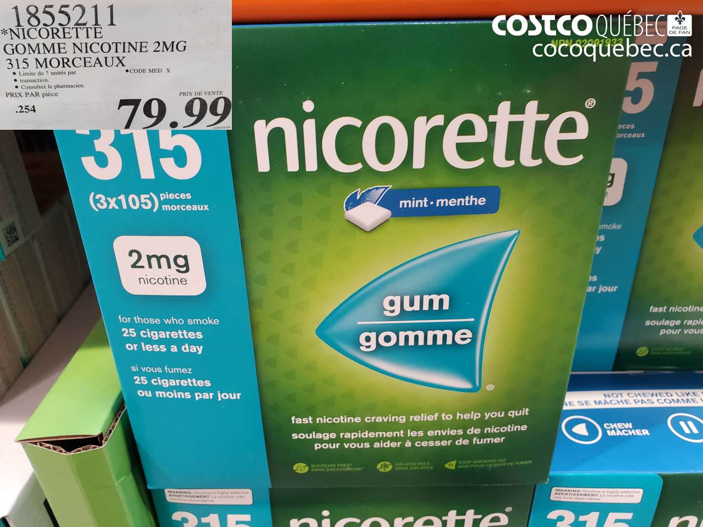 1855211 NICORETTE GOMME NICOTINE 2MG 315 MORCEAUX $79.99