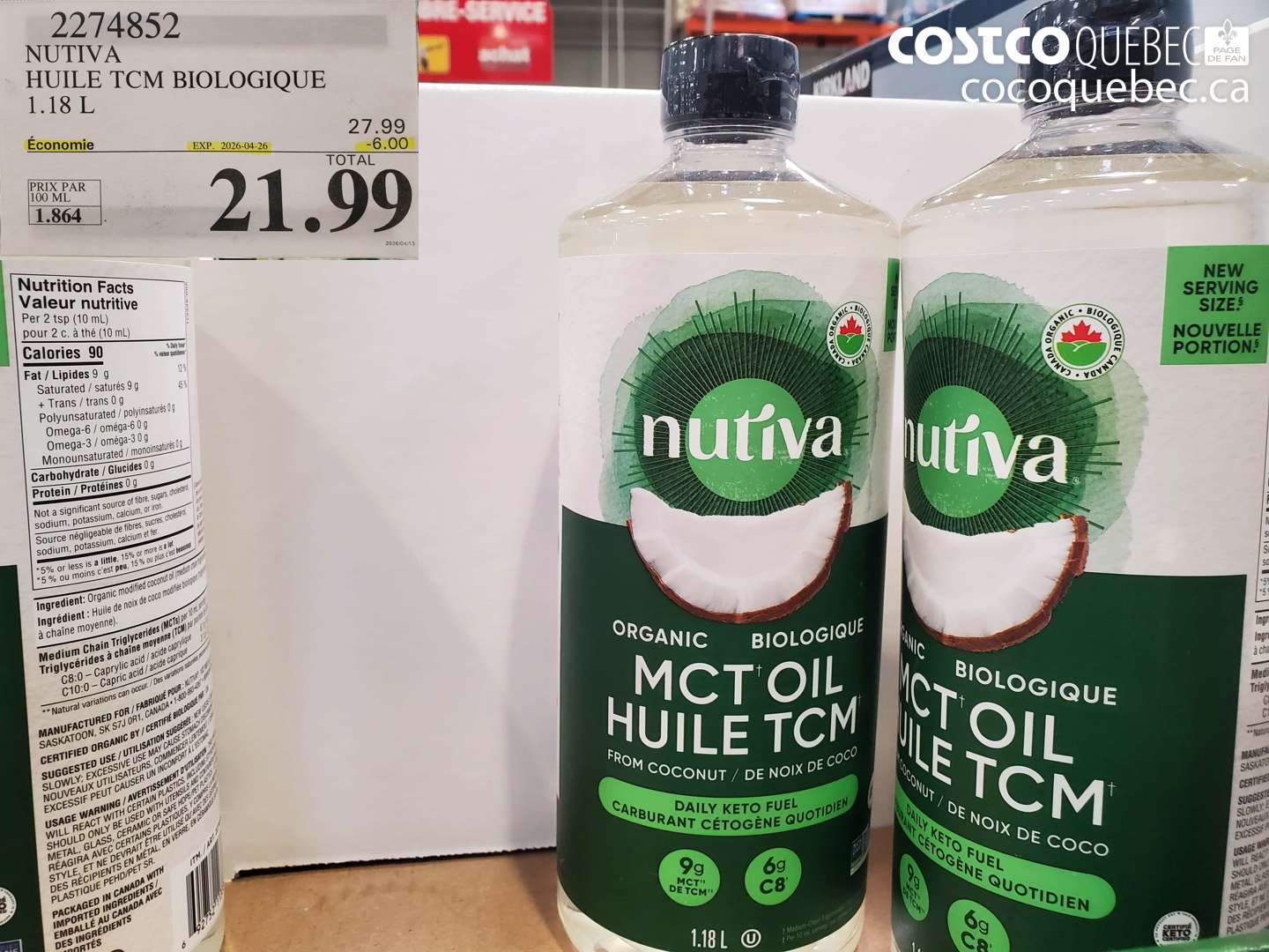 2274852 NUTIVA HUILE TCM BIOLOGIQUE 1.18 L ($6.00 INSTANT SAVINGS EXPIRES ON 2026-04-26) $21.99