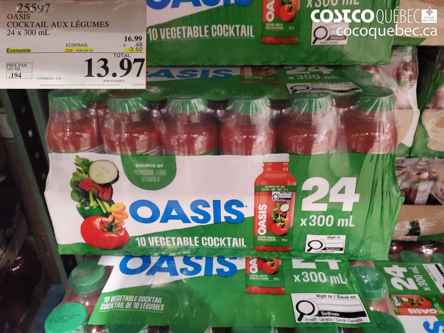 25597 OASIS COCKTAIL AUX LÉGUMES 24 X 300 ML ($3.50 INSTANT SAVINGS EXPIRES ON 2026-04-19) $13.97