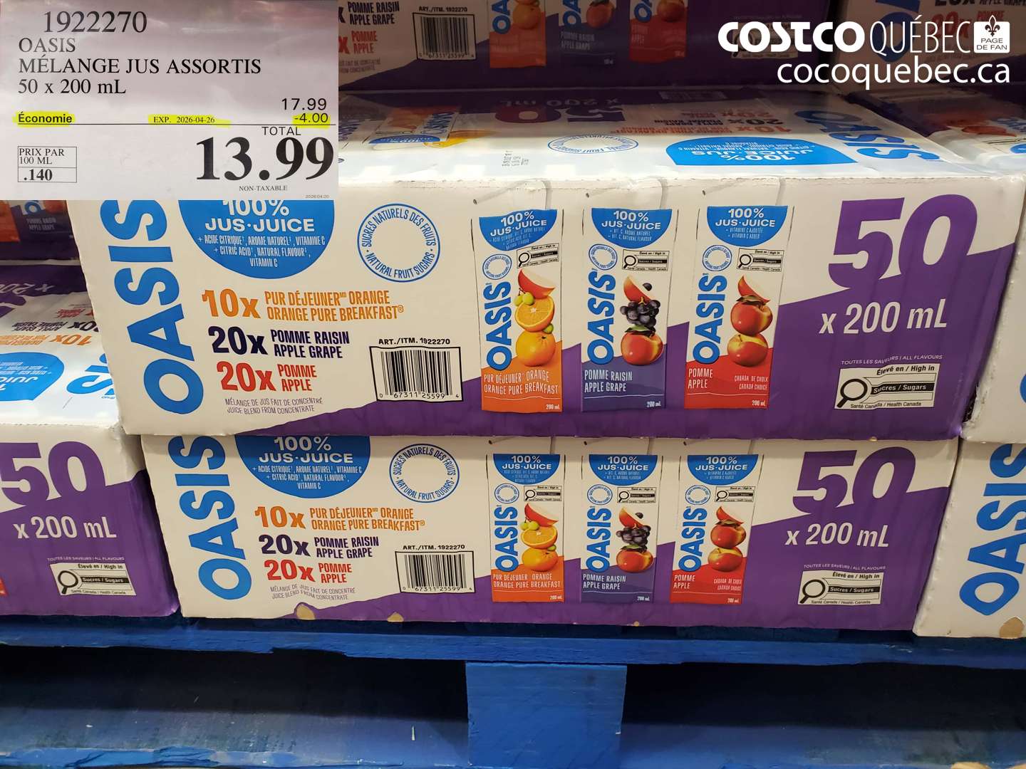 1922270 OASIS MELANGE JUS ASSORTIS 50 X 200 ML ($4.00 INSTANT SAVINGS EXPIRES ON 2026-04-26) $13.99