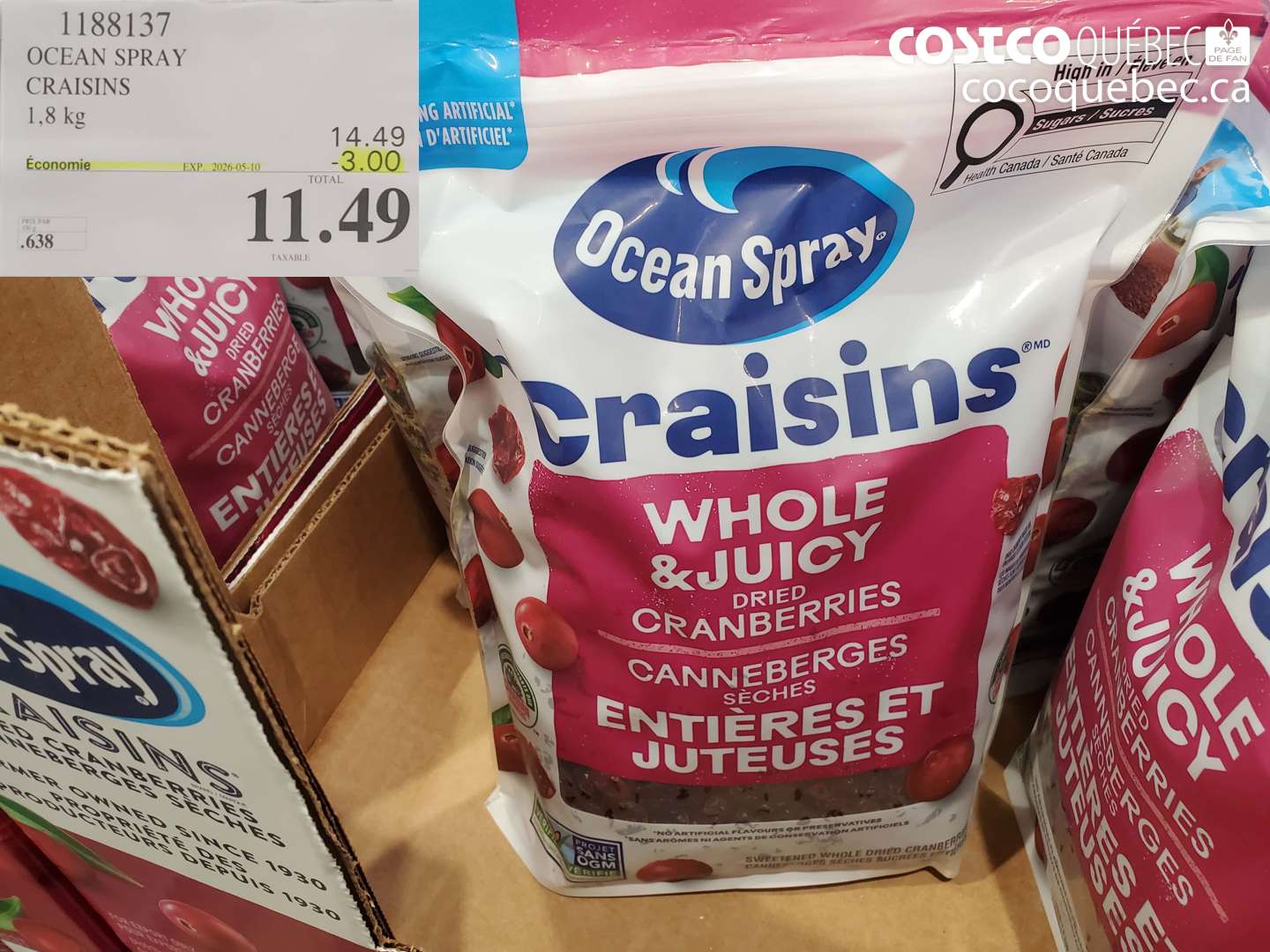 1188137 OCEAN SPRAY CRAISINS 1.8 KG ($3.00 INSTANT SAVINGS EXPIRES ON 2026-05-10) $11.49