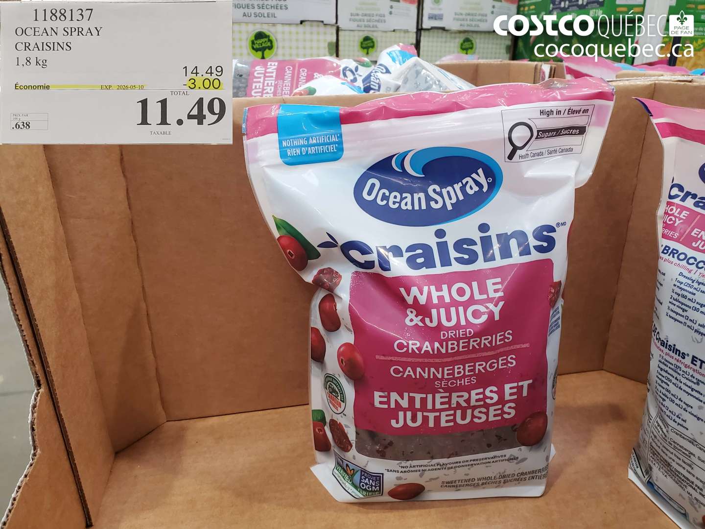 1188137 OCEAN SPRAY CRAISINS 1.8 KG ($3.00 INSTANT SAVINGS EXPIRES ON 2026-05-10) $11.49