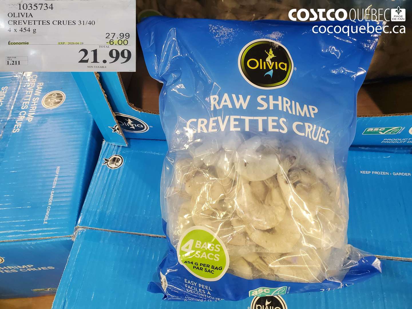 1035734 OLIVIA CREVETTES CRUES 31/40 4 X 454 G ($6.00 INSTANT SAVINGS EXPIRES ON 2026-04-19) $21.99