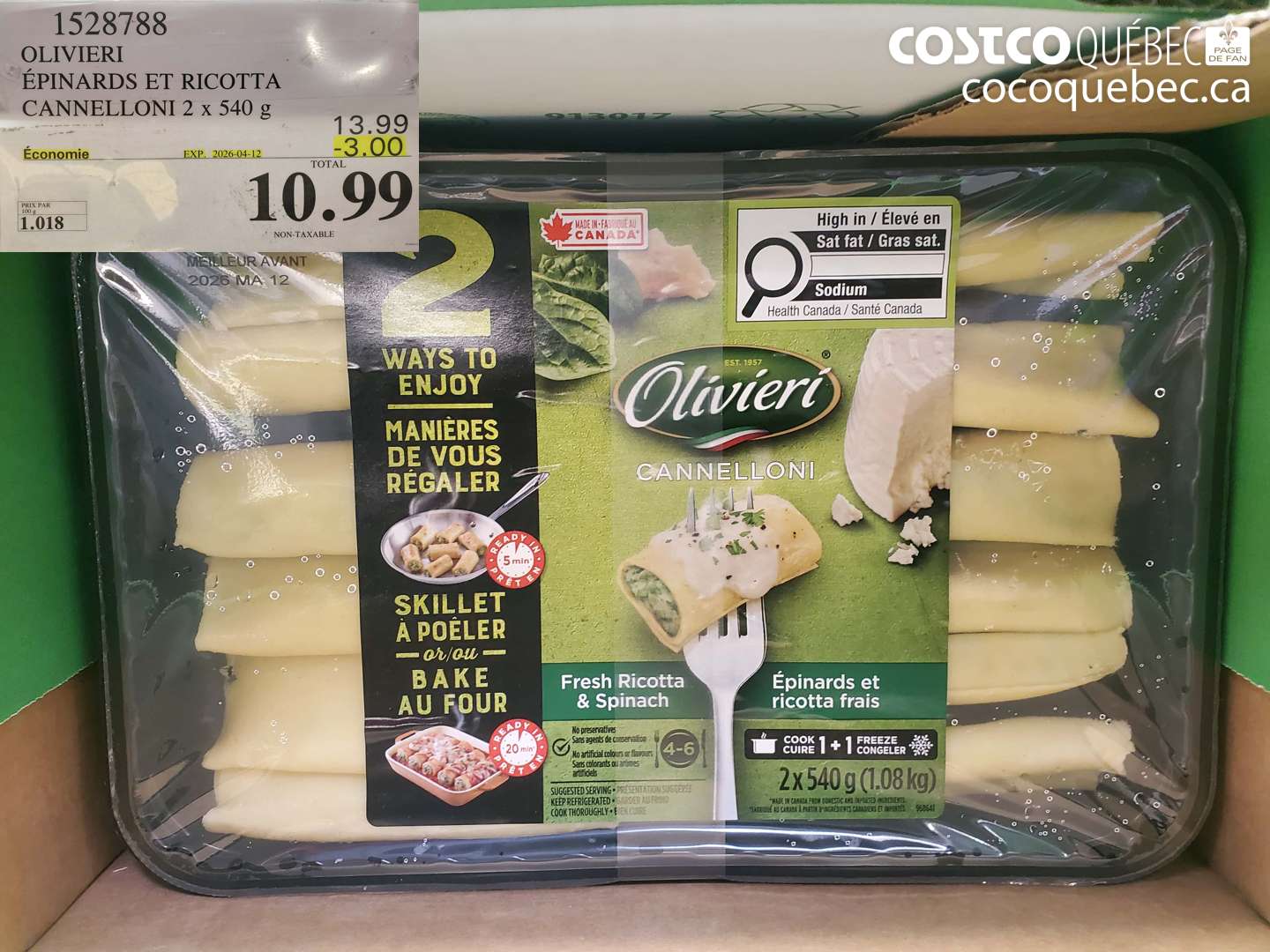 1528788 OLIVIERI ÉPINARDS ET RICOTTA CANNELLONI 2 X 540 G ($3.00 INSTANT SAVINGS EXPIRES ON 2026-04-12) $10.99