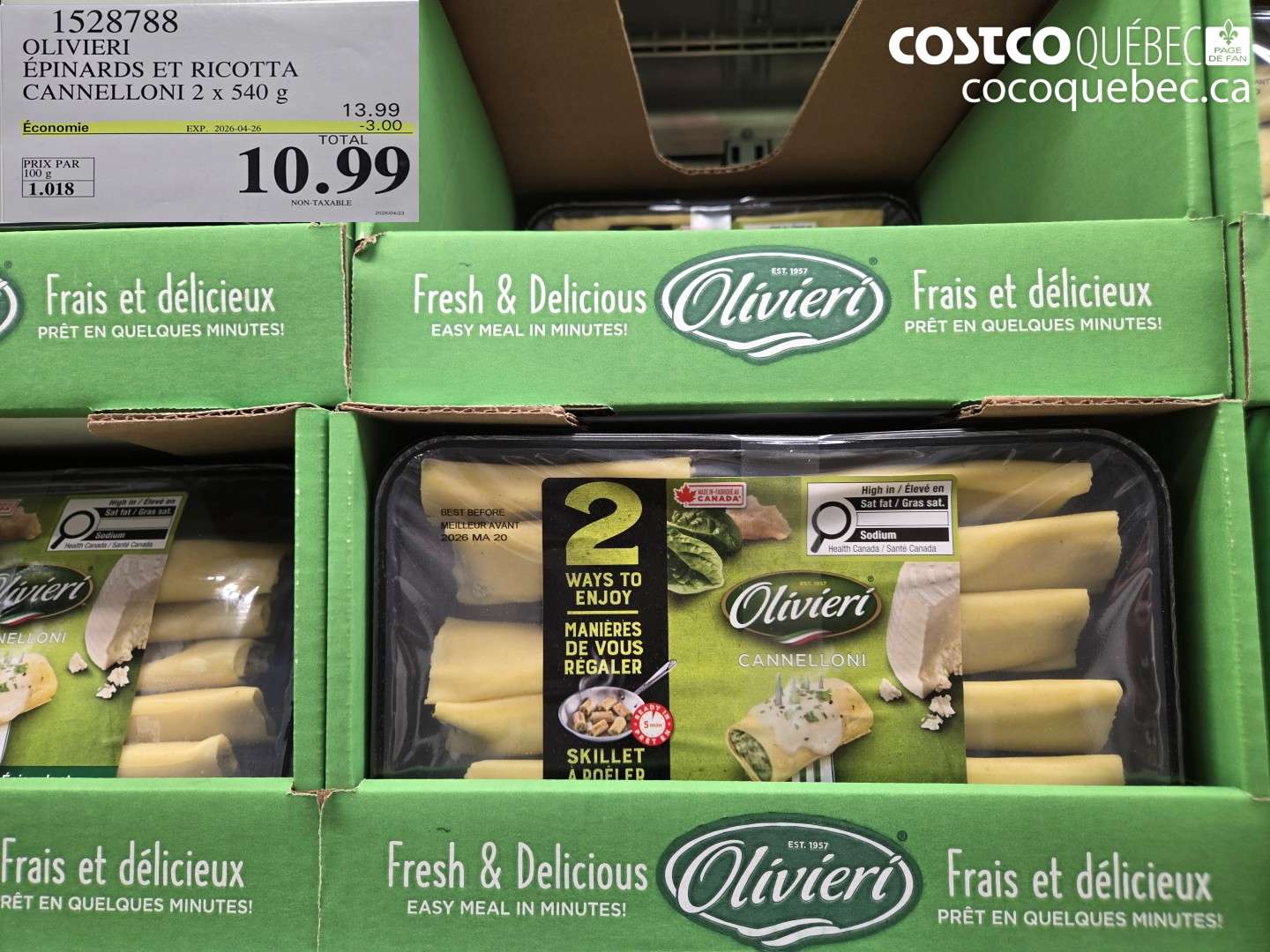 1528788 OLIVIERI ÉPINARDS ET RICOTTA CANNELLONI 2 X 540 G ($3.00 INSTANT SAVINGS EXPIRES ON 2026-04-26) $10.99