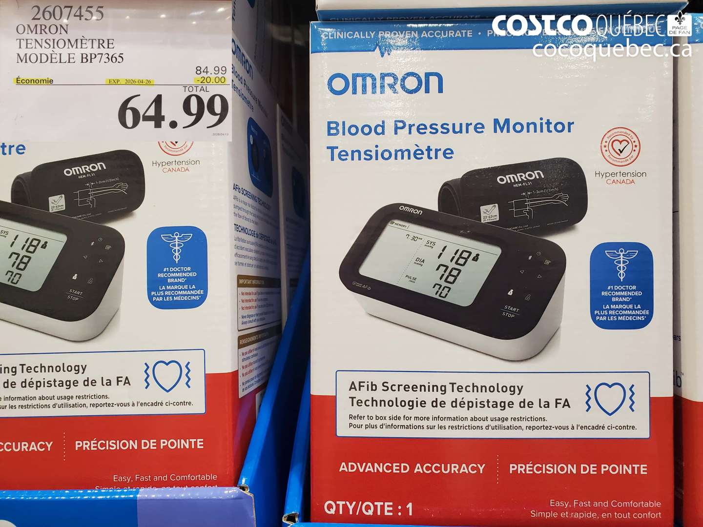 2607455 OMRON TENSIOMETRE MODELE BP7365 ($20.00 INSTANT SAVINGS EXPIRES ON 2026-04-26) $64.99