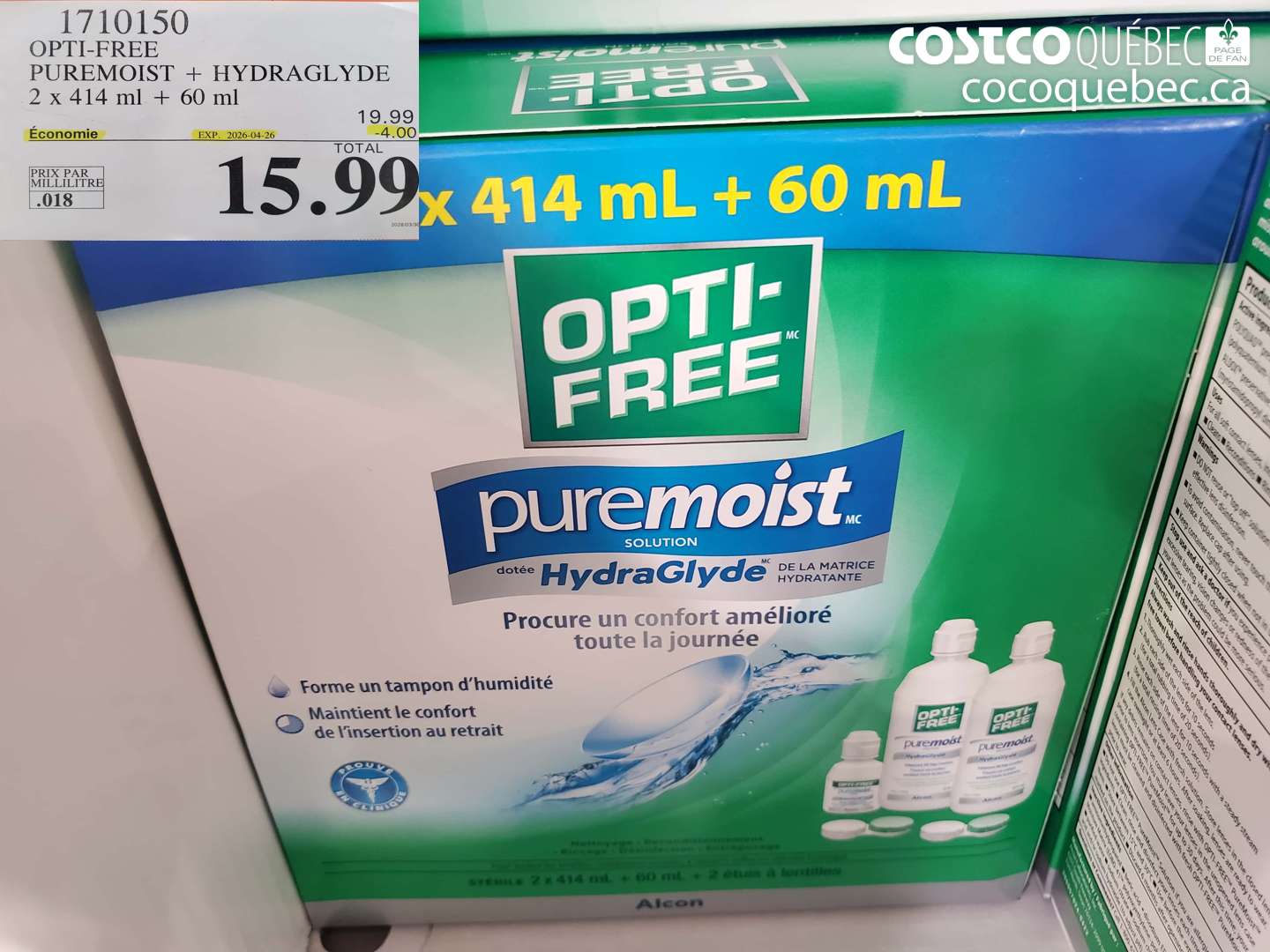 1710150 OPTI-FREE PUREMOIST + HYDRAGLYDE 2 X 414 ML + 60 ML ($4.00 INSTANT SAVINGS EXPIRES ON 2026-04-26) $15.99
