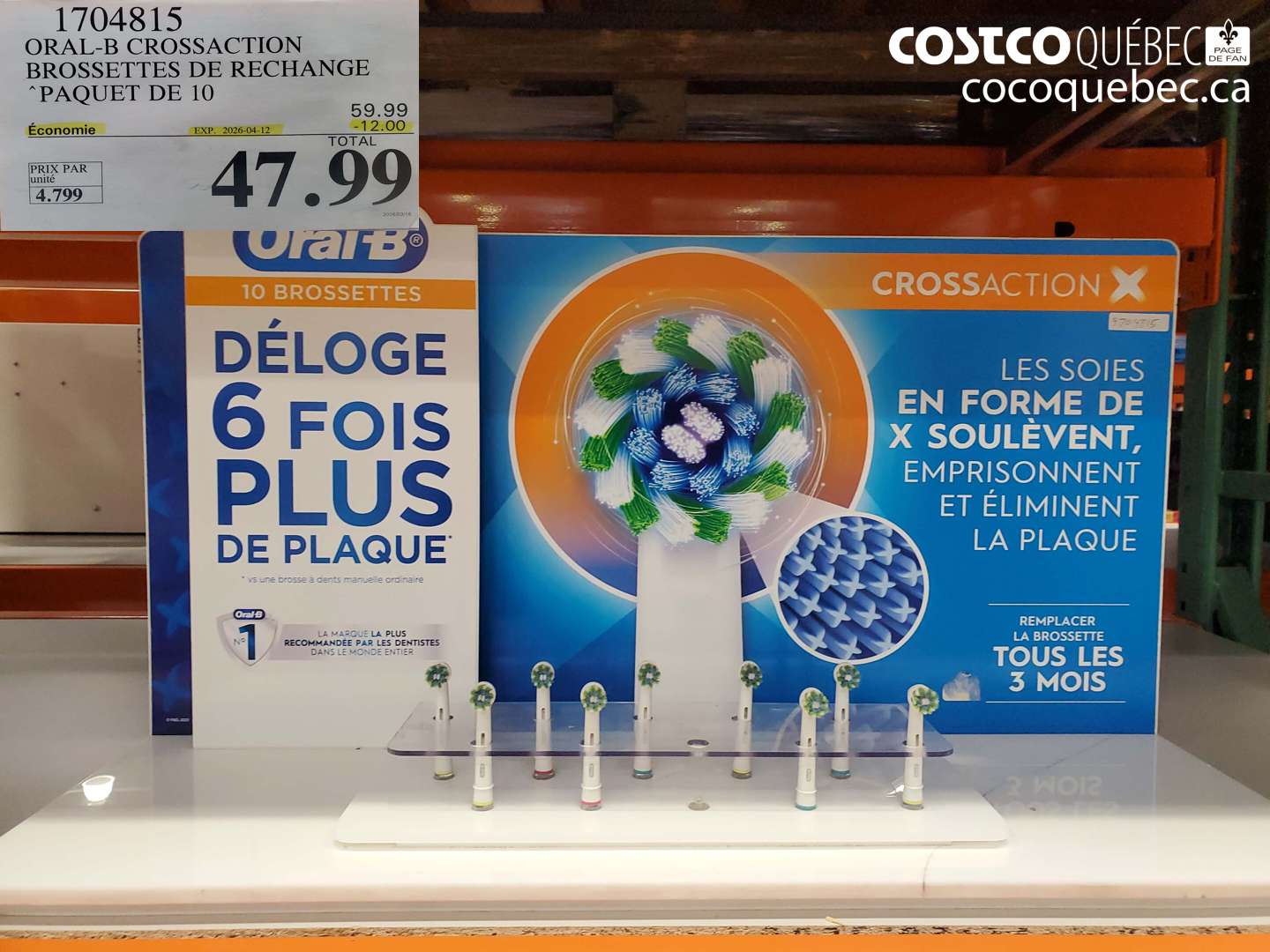 1704815 ORAL-B CROSSACTION BROSSETTES DE RECHANGE PAQUET DE 10 ($12.00 INSTANT SAVINGS EXPIRES ON 2026-04-12) $47.99