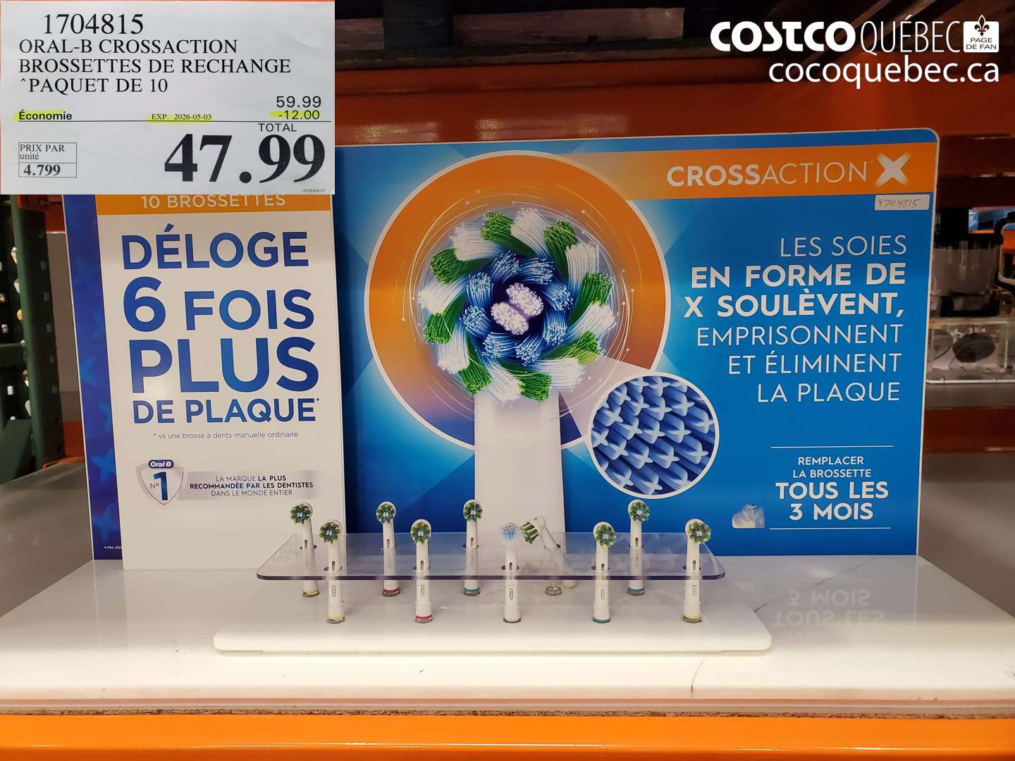 1704815 ORAL-B CROSSACTION BROSSETTES DE RECHANGE PAQUET DE 10 ($12.00 INSTANT SAVINGS EXPIRES ON 2026-05-03) $47.99