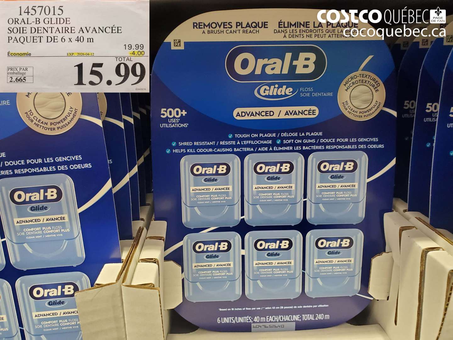 1457015 ORAL-B GLIDE SOIE DENTAIRE AVANCÉE PAQUET DE 6 X 40 M ($4.00 INSTANT SAVINGS EXPIRES ON 2026-04-12) $15.99