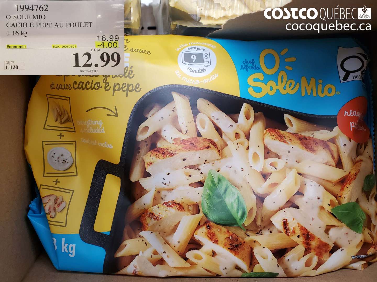 1994762 O'SOLE MIO CACIO E PEPE AU POULET 1.16 kg ($4.00 INSTANT SAVINGS EXPIRES ON 2026-04-26) $12.99