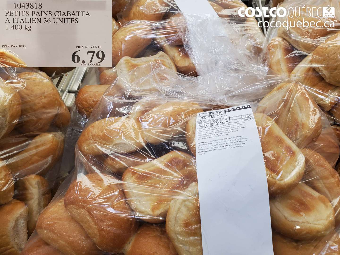 1043818 PETITS PAINS CIABATTA A ITALIEN 36 UNITES 1.400 KG $6.79