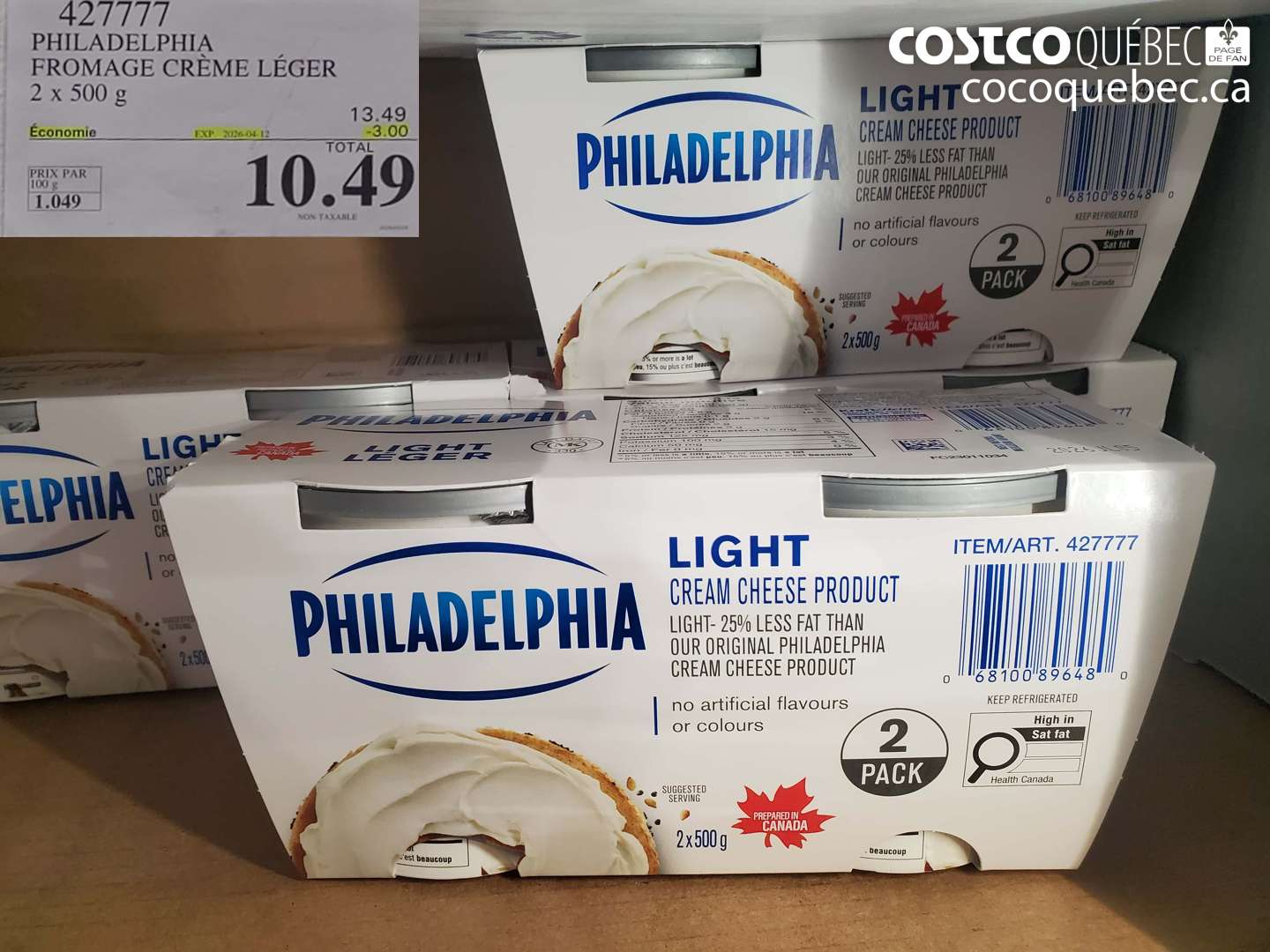 427777 PHILADELPHIA FROMAGE CREME LEGER 2 X 500 G ($3.00 INSTANT SAVINGS EXPIRES ON 2026-04-12) $10.49