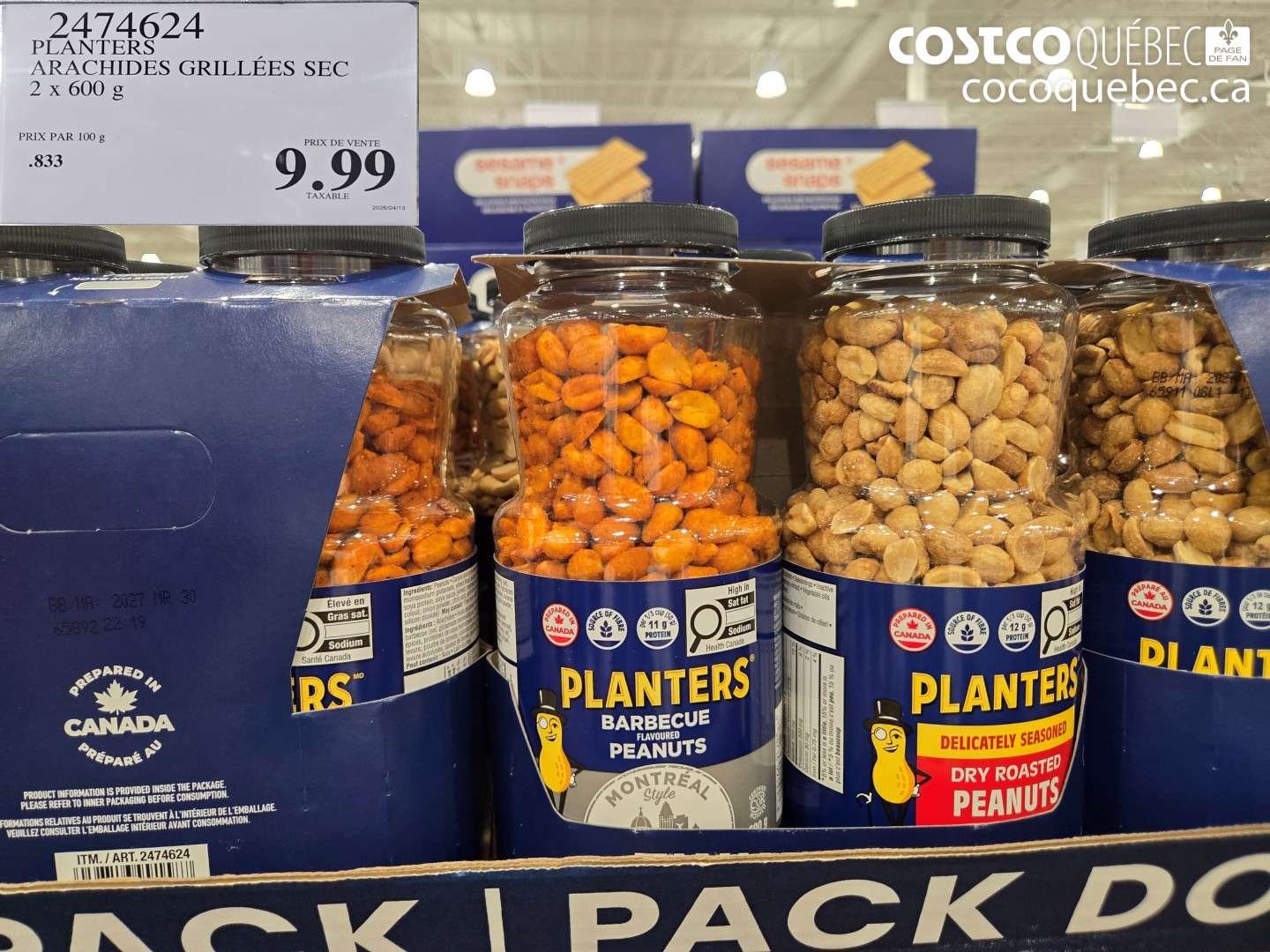 2474624 PLANTERS ARACHIDES GRILLEES SEC 2 X 600 G $9.99