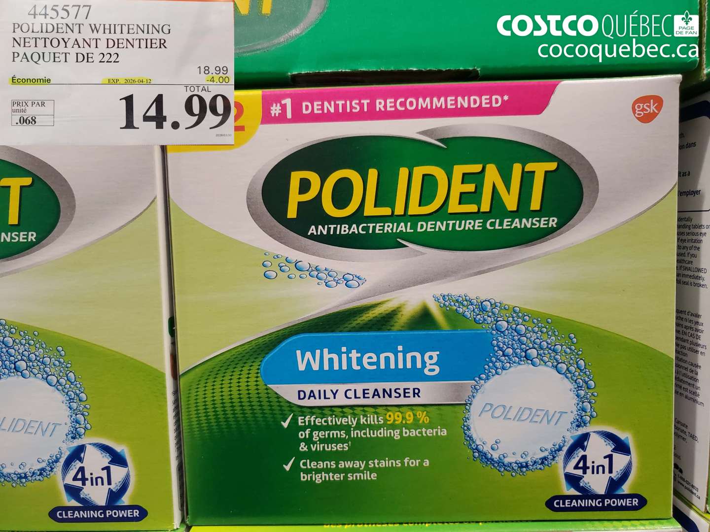 445577 POLIDENT WHITENING NETTOYANT DENTIER PAQUET DE 222 ($4.00 INSTANT SAVINGS EXPIRES ON 2026-04-12) $14.99