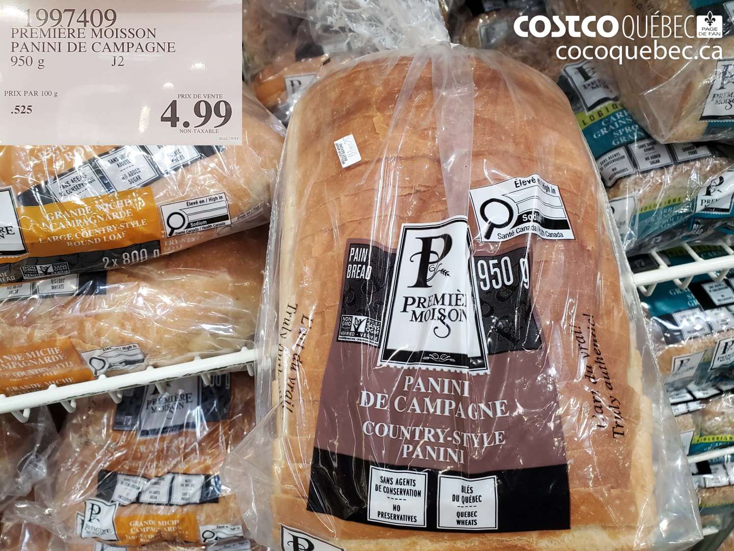 1997409 PREMIERE MOISSON PANINI DE CAMPAGNE 950 G $4.99
