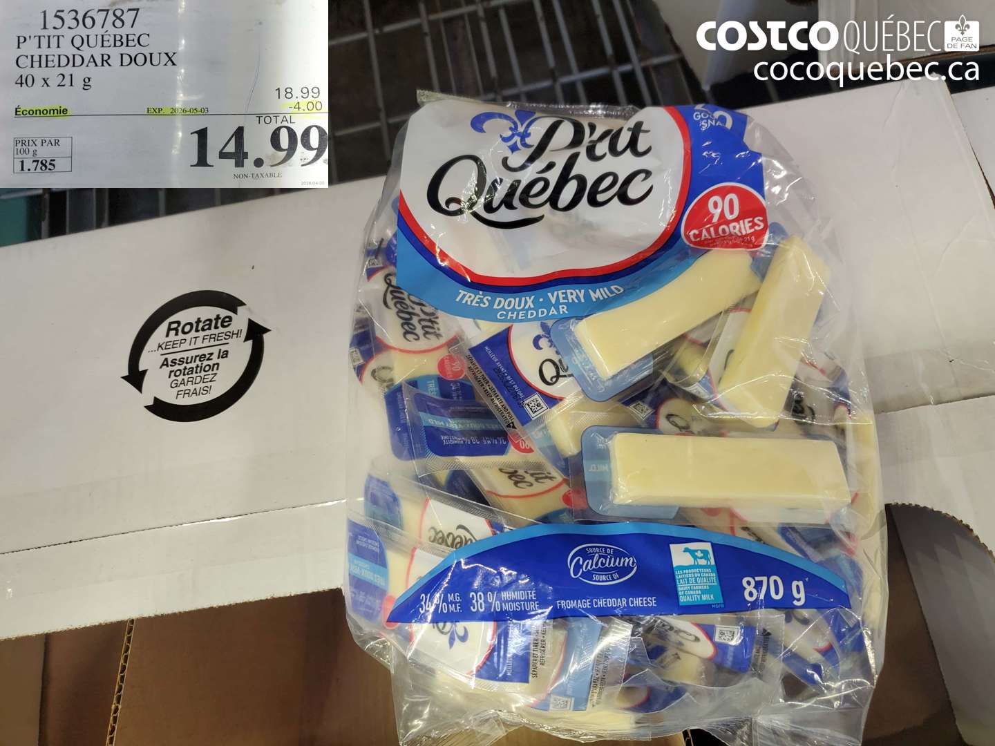 1536787 P'TIT QUEBEC CHEDDAR DOUX 40 X 21 G ($4.00 INSTANT SAVINGS EXPIRES ON 2026-05-03) $14.99