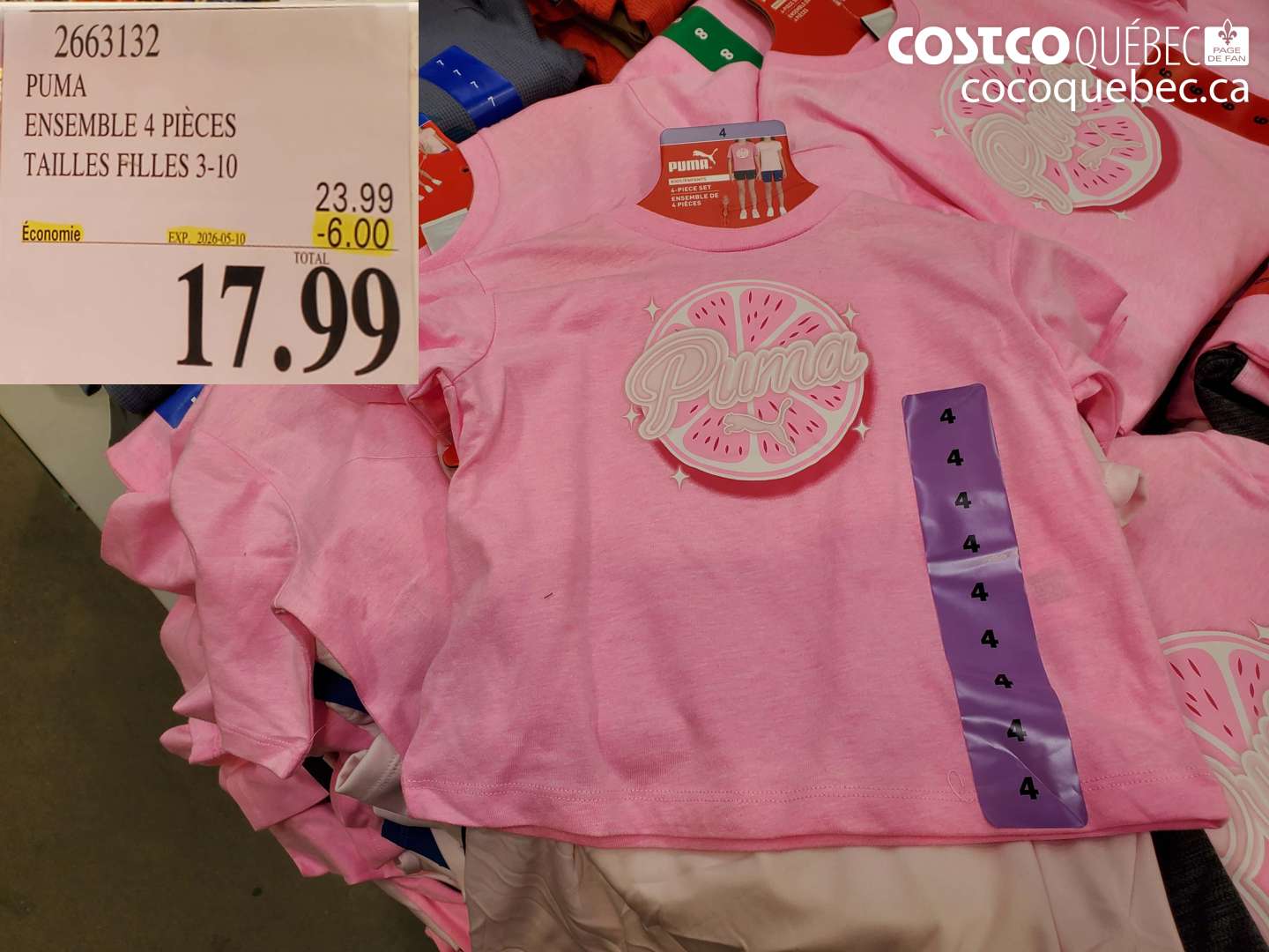 2663132 PUMA ENSEMBLE 4 PIECES TAILLES FILLES 3-10 ($6.00 INSTANT SAVINGS EXPIRES ON 2026-05-10) $17.99