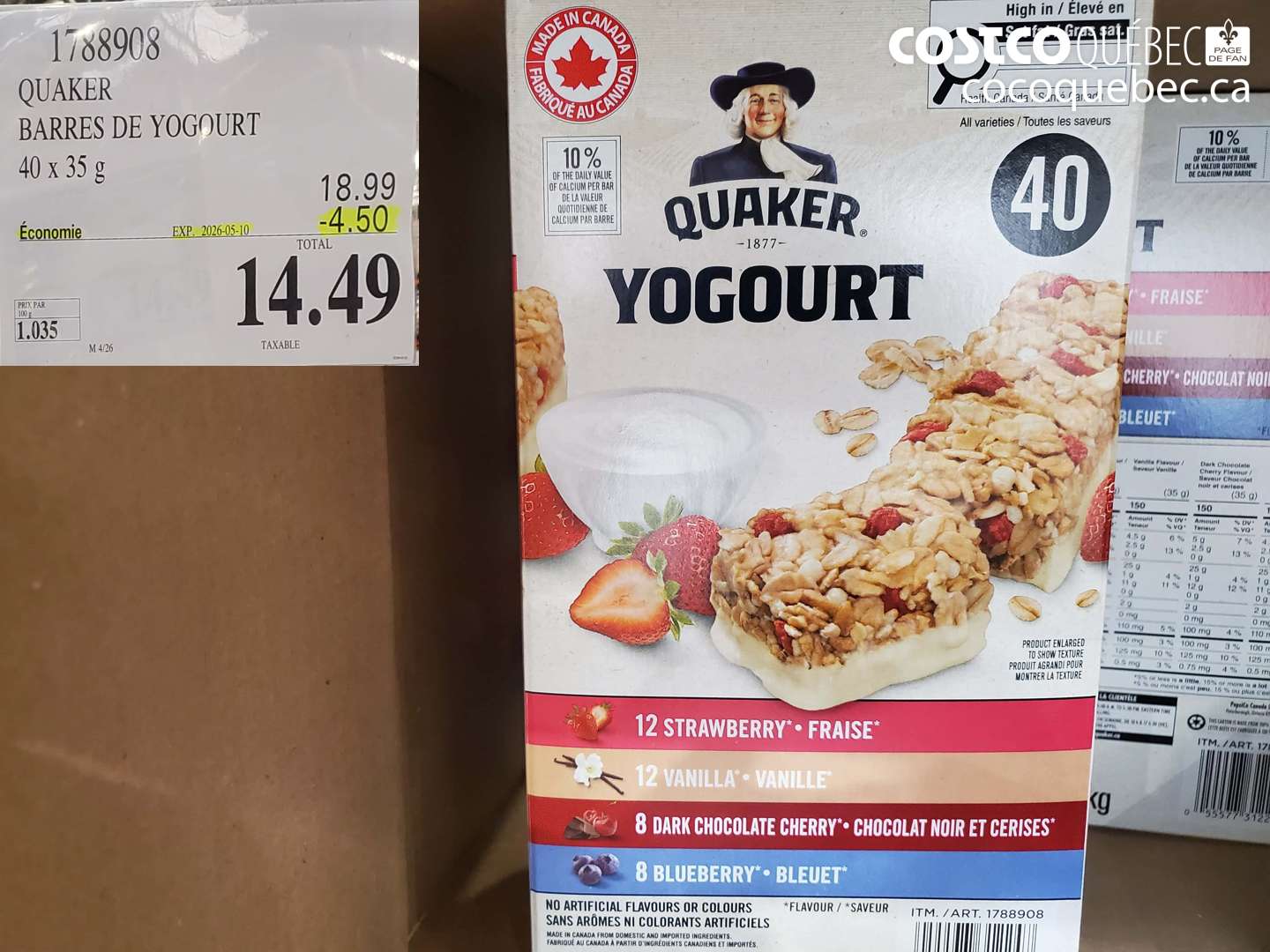 1788908 QUAKER BARRES DE YOGOURT ($4.50 INSTANT SAVINGS EXPIRES ON 2026-05-10) $14.40