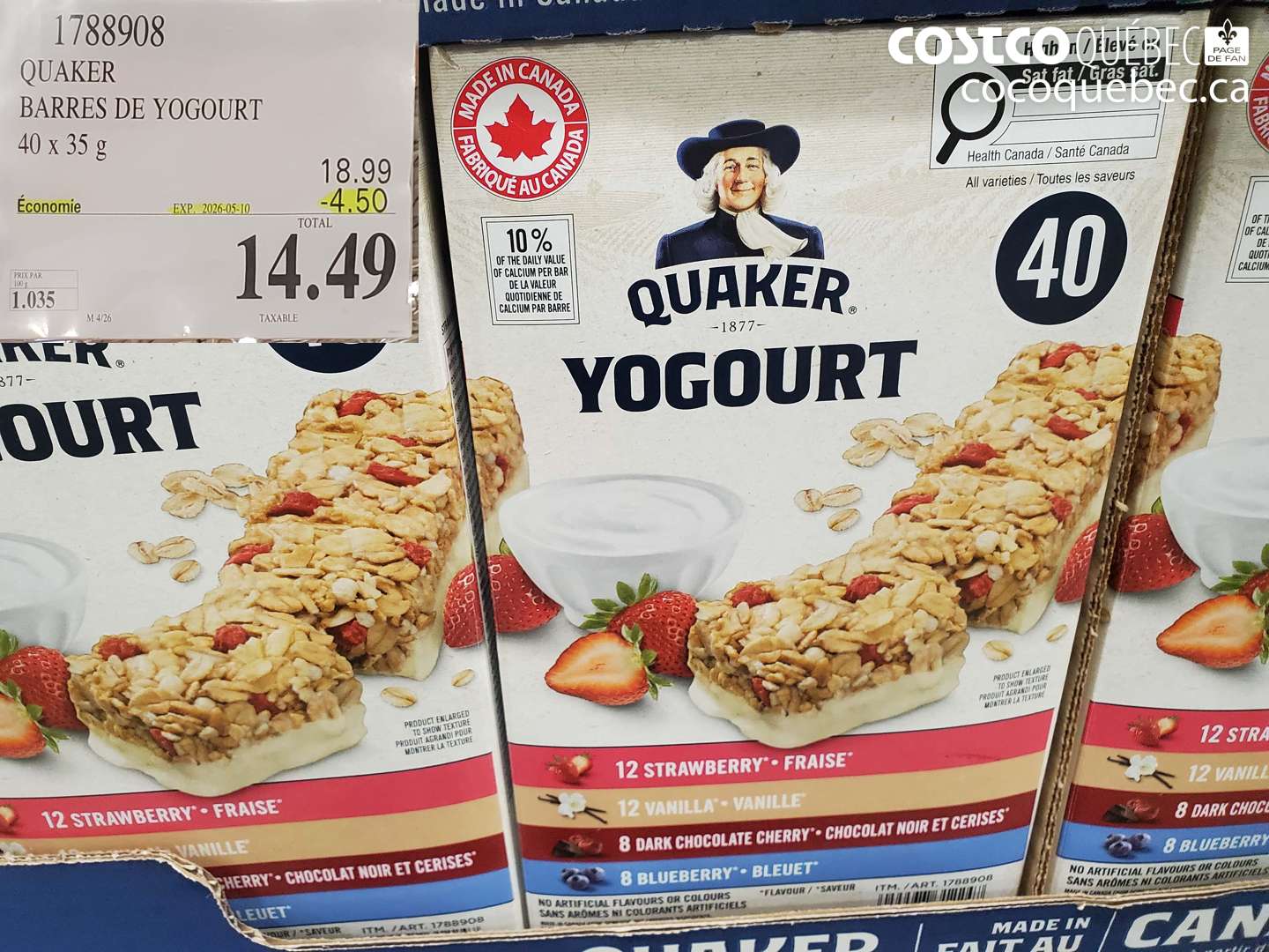 1788908 QUAKER BARRES DE YOGOURT 40 X 35 G ($4.50 INSTANT SAVINGS EXPIRES ON 2026-05-10) $14.49