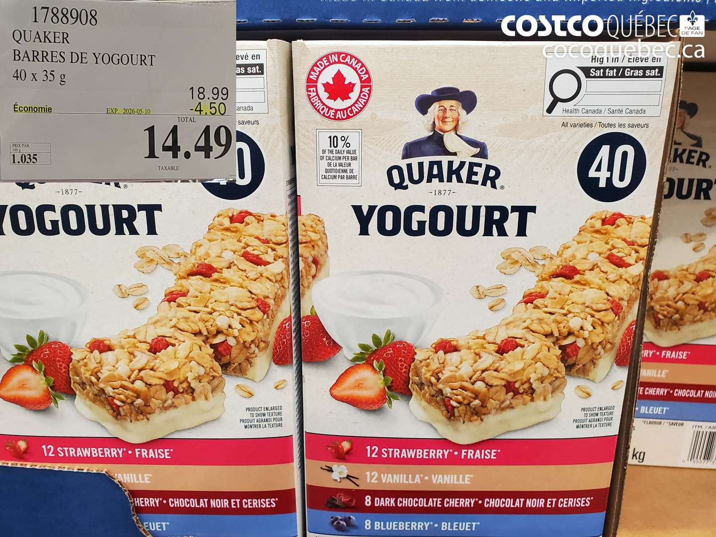 1788908 QUAKER BARRES DE YOGOURT 40 X 35 G ($4.50 INSTANT SAVINGS EXPIRES ON 2026-05-10) $14.49