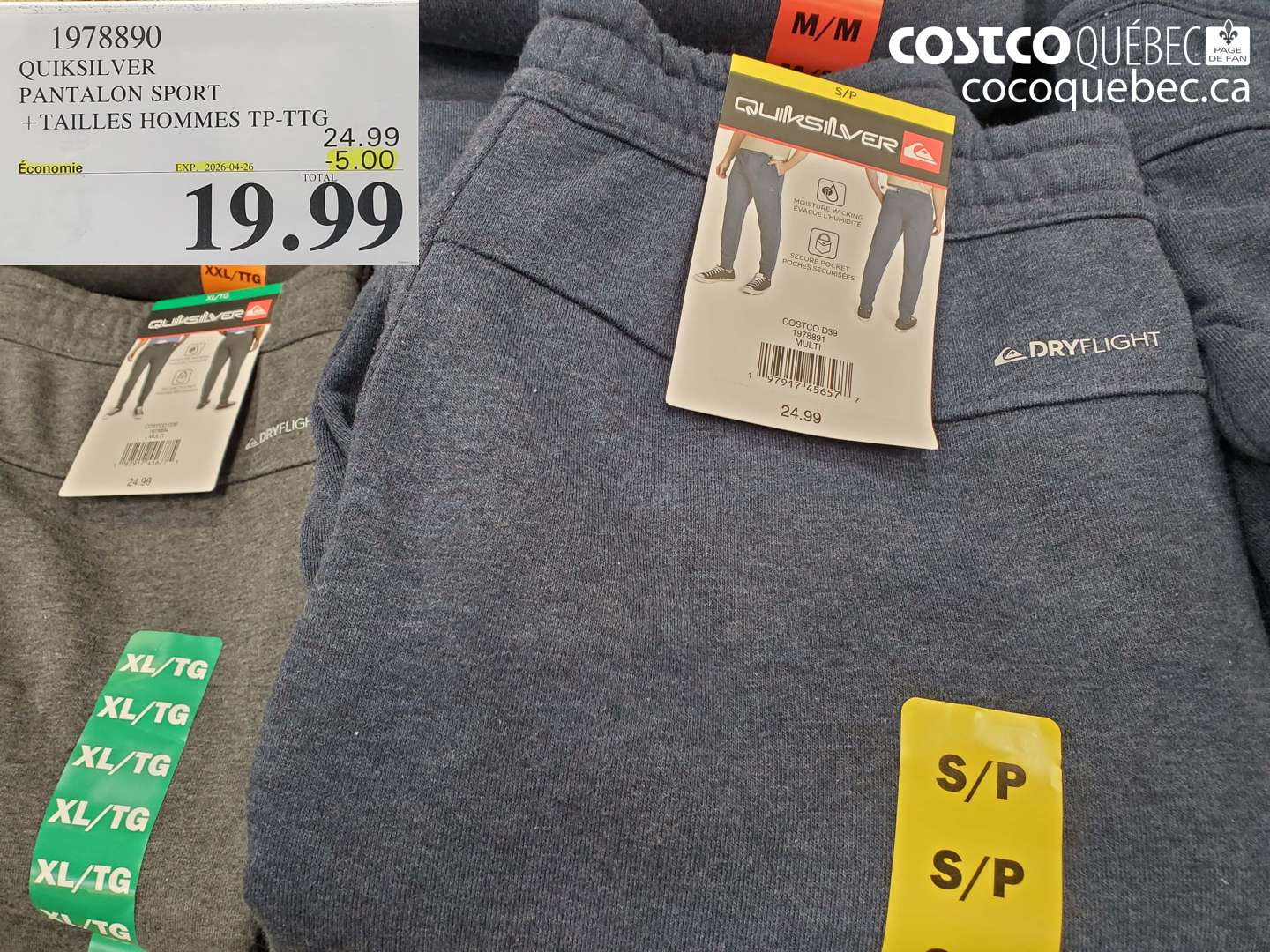 1978890 QUICKSILVER PANTALON SPORT +TAILLES HOMMES TP-TG ($5.00 INSTANT SAVINGS EXPIRES ON 2026-04-26) $19.99