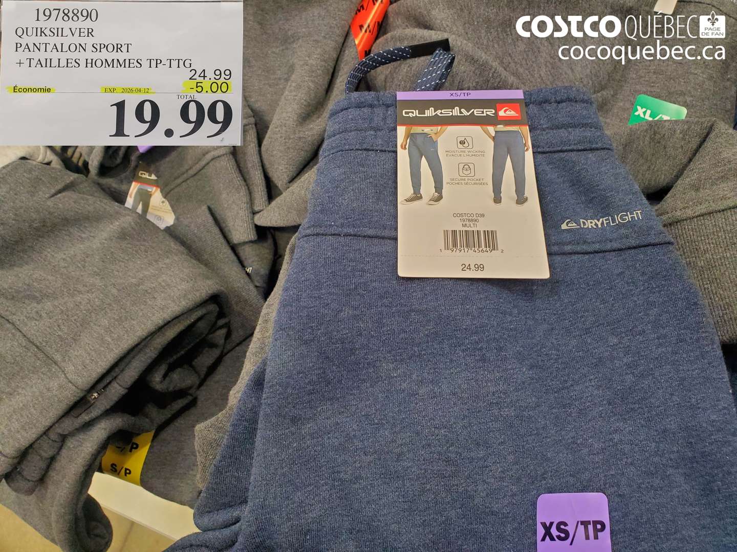 1978890 QUIKSILVER PANTALON SPORT + TAILLES HOMMES TP-TTG ($5.00 INSTANT SAVINGS EXPIRES ON 2026-04-12) $19.99