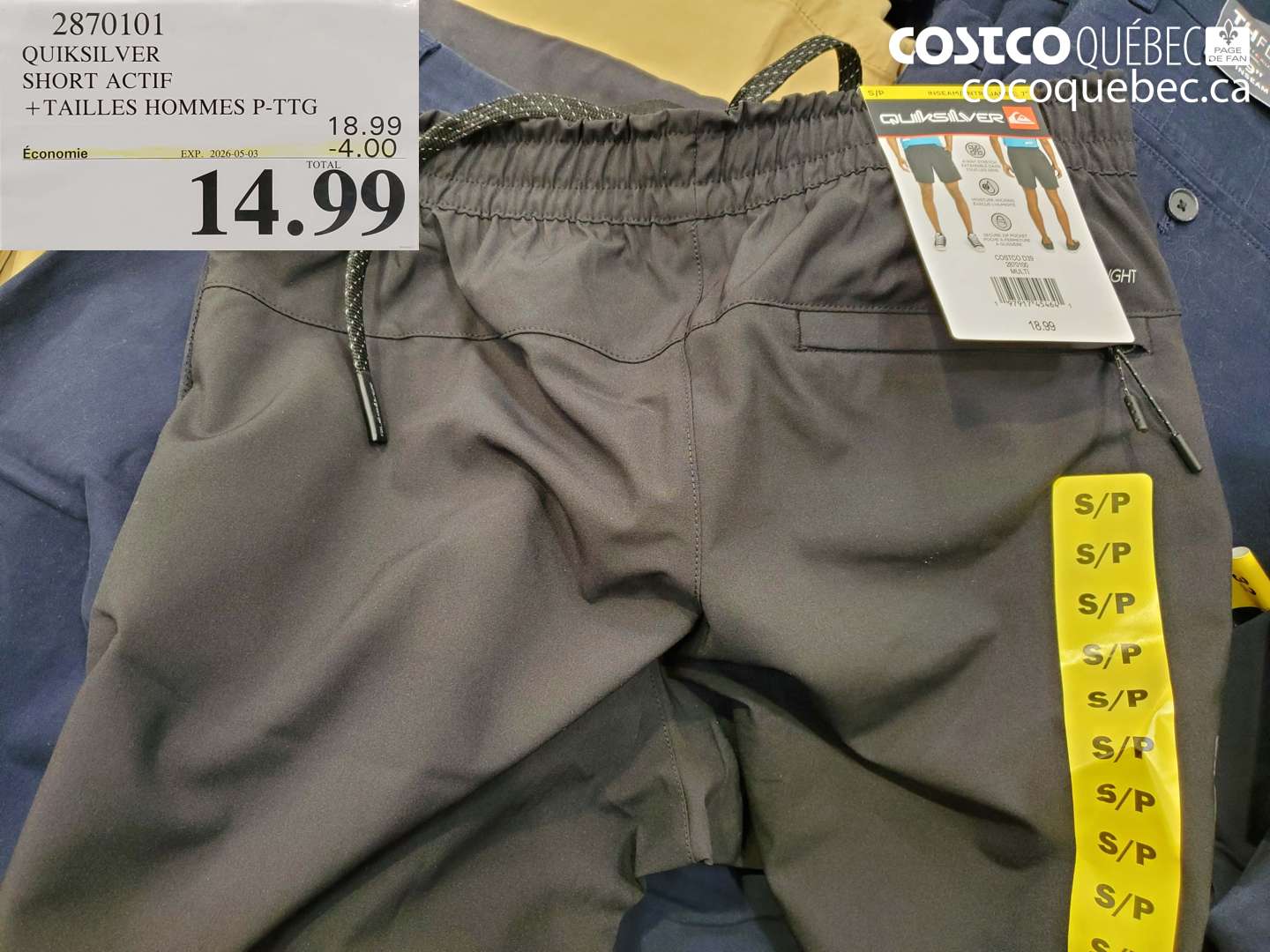 2870101 QUIKSILVER SHORT ACTIF +TAILLES HOMMES P-TTG ($4.00 INSTANT SAVINGS EXPIRES ON 2026-05-03) $14.99