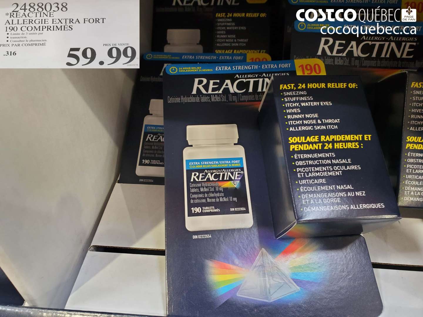 2488038 REACTINE ALLERGIE EXTRA FORT 190 COMPRIMÉS $59.99