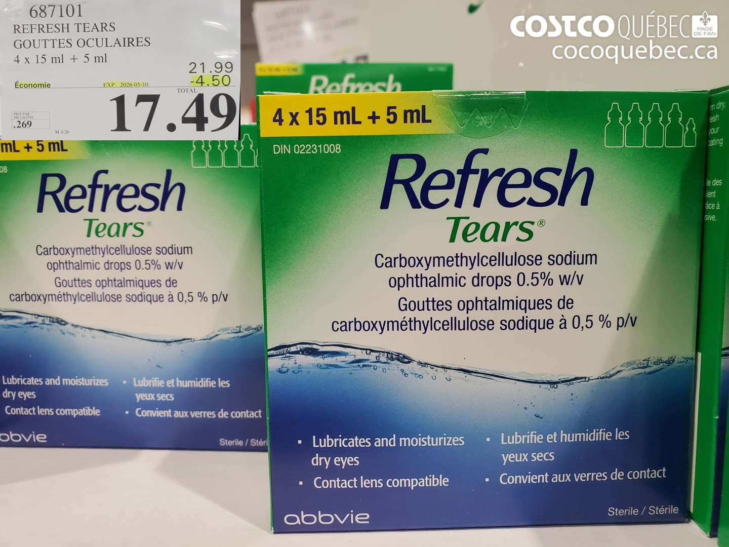 687101 REFRESH TEARS GOUTTES OCULAIRES 4 X 15 ML + 5 ML ($4.50 INSTANT SAVINGS EXPIRES ON 2026-05-10) $17.49