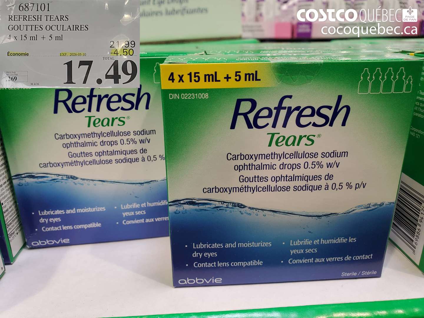 687101 REFRESH TEARS GOUTTES OCULAIRES 4 X 15 ML + 5 ML ($4.50 INSTANT SAVINGS EXPIRES ON 2026-05-10) $17.49